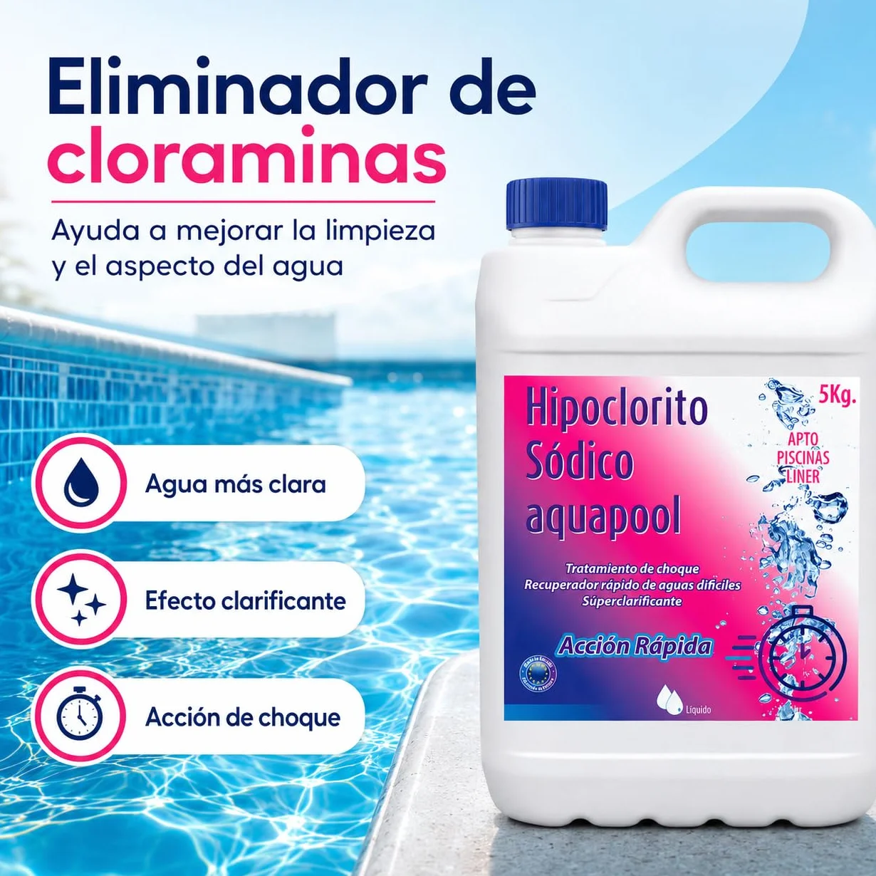 AQUAPOOL Cloro Choque Líquido Clarificante HIPOCLORITO SÓDICO 15% 6 KG 5 litros