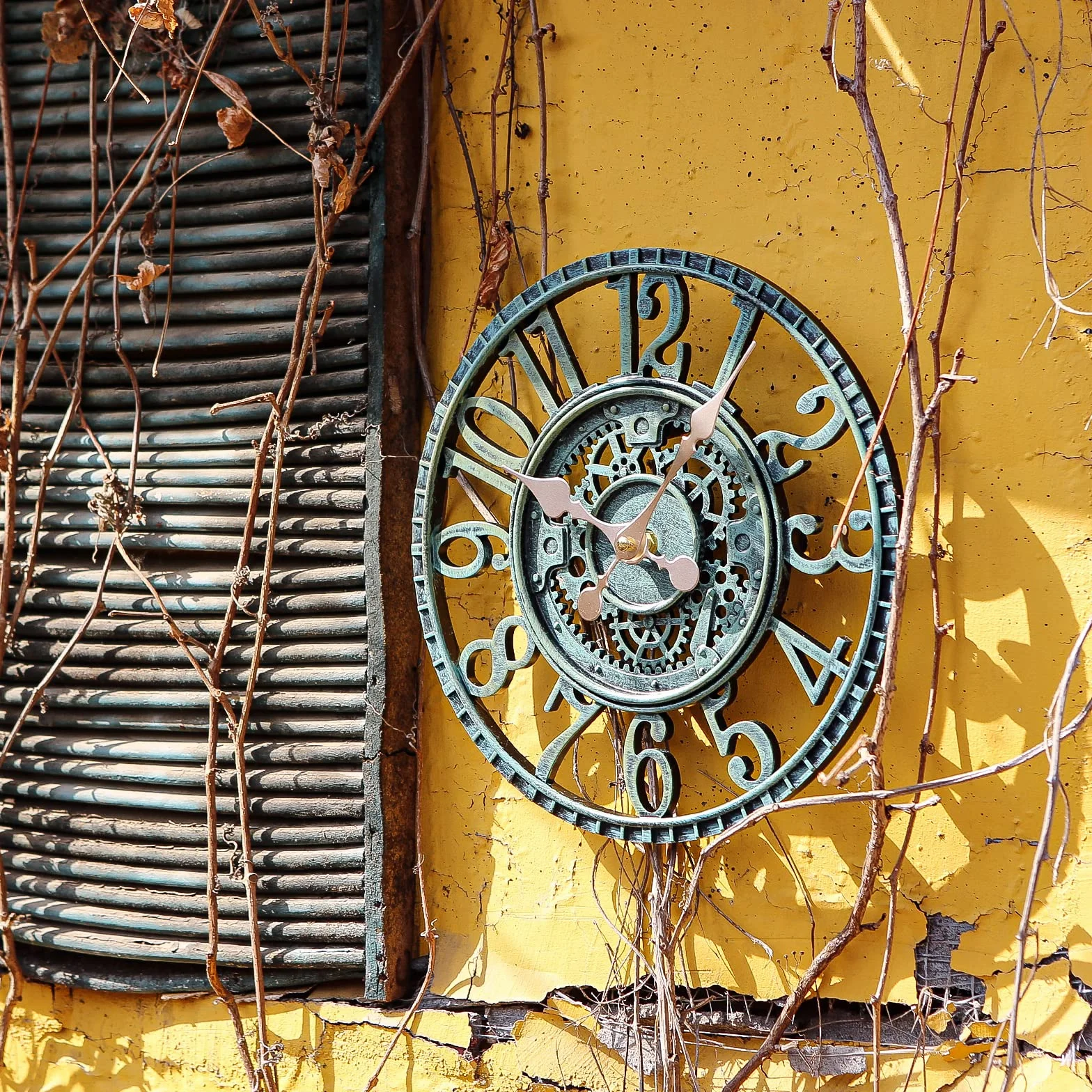 KUNY Reloj de pared grande retro resistente a la intemperie decorativo jardín sin ruido tictac