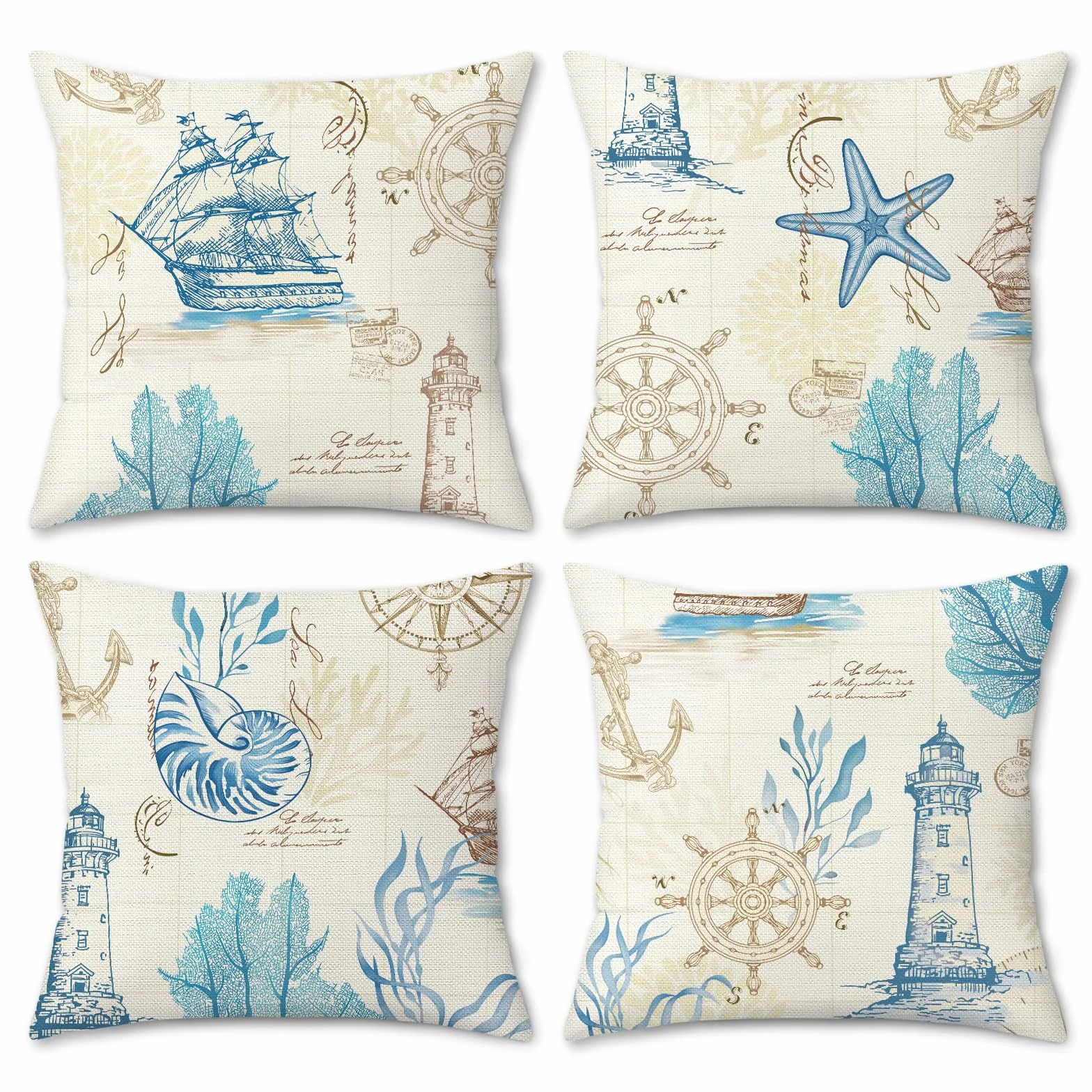 Fundas Cojines 45x45 cm Vintage Náutico Juego de 4 Poliéster Exterior para Sofá