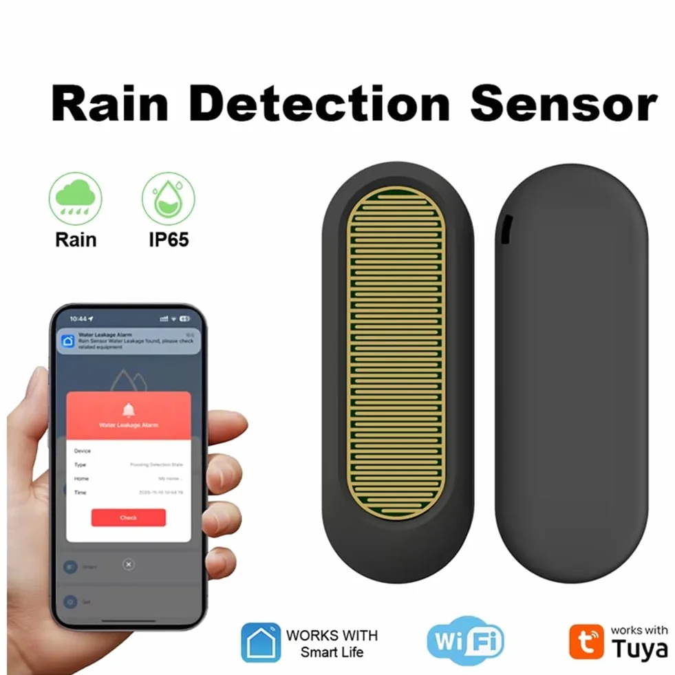 Tuya Sensor de Lluvia WiFi IP65 Exterior, Detección de Lluvia, Fugas de Agua, Monitoreo App, Negro