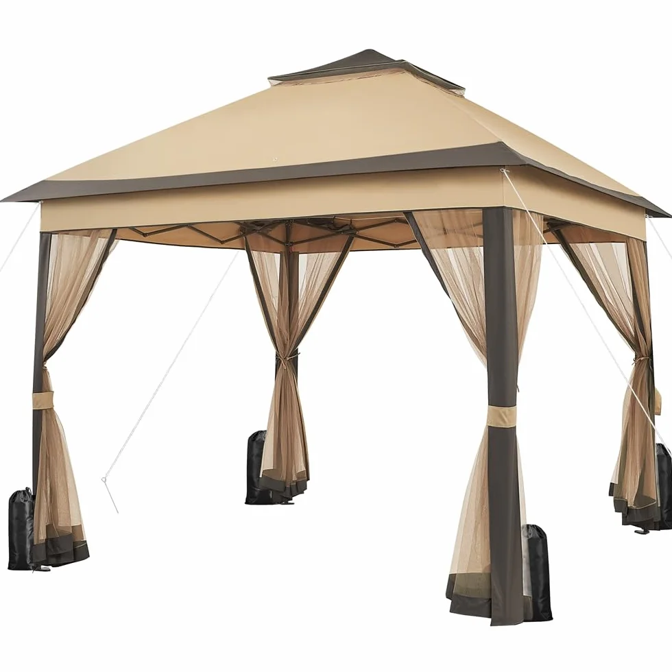 Yaheetech Carpa Plegable 3.3x3.3m Cenador Exteriores con 4 Mosquiteras con Cremallera,Altura Ajustable de 271-291cm,Resistente al Viento,Montaje Rápido,Ideal para Jardín y Patio,Color Caqui