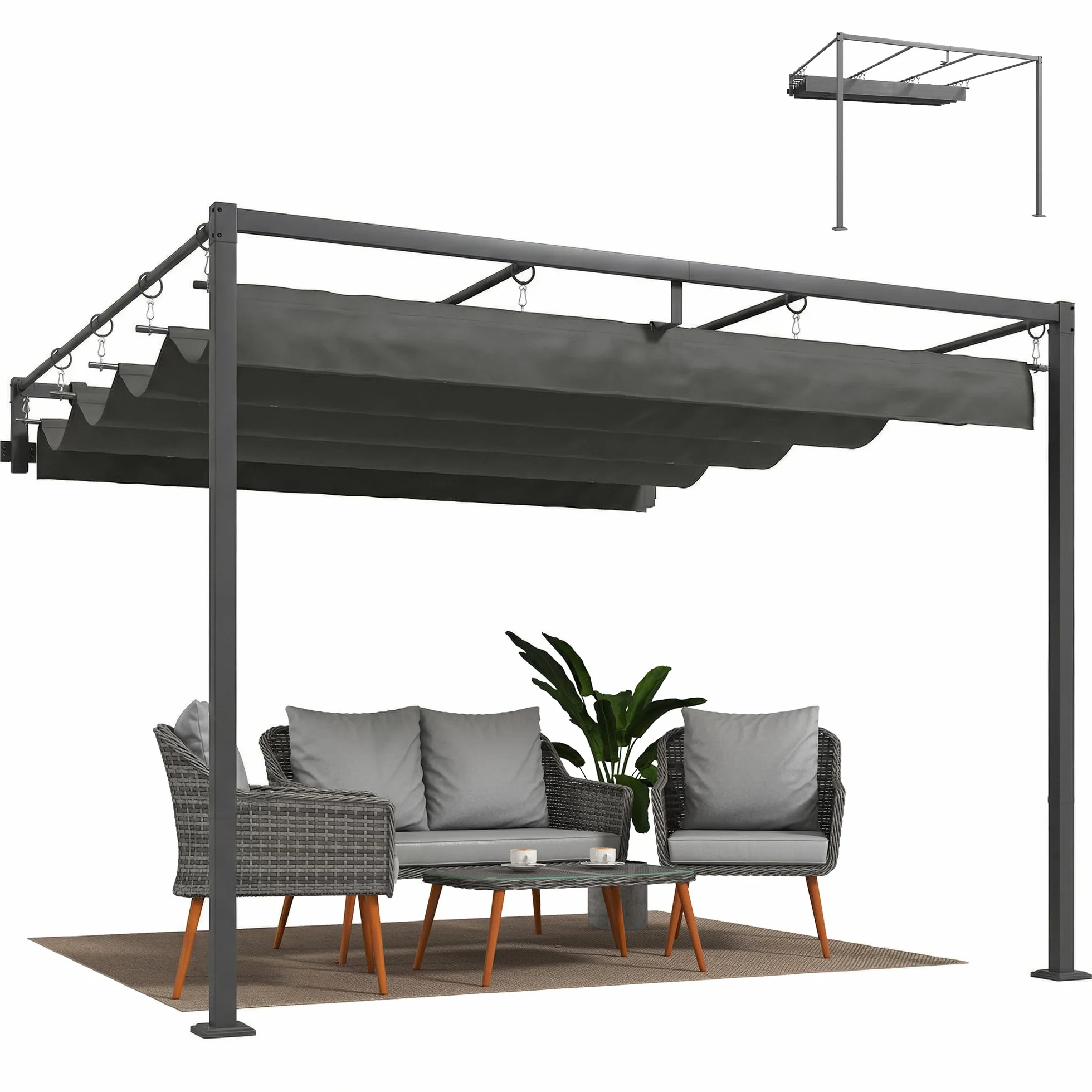 Outsunny Pérgola de Pared de Jardín 3x3 m, Cenador con Techo Retráctil, UPF30+, Estructura de Acero, Gris Oscuro
