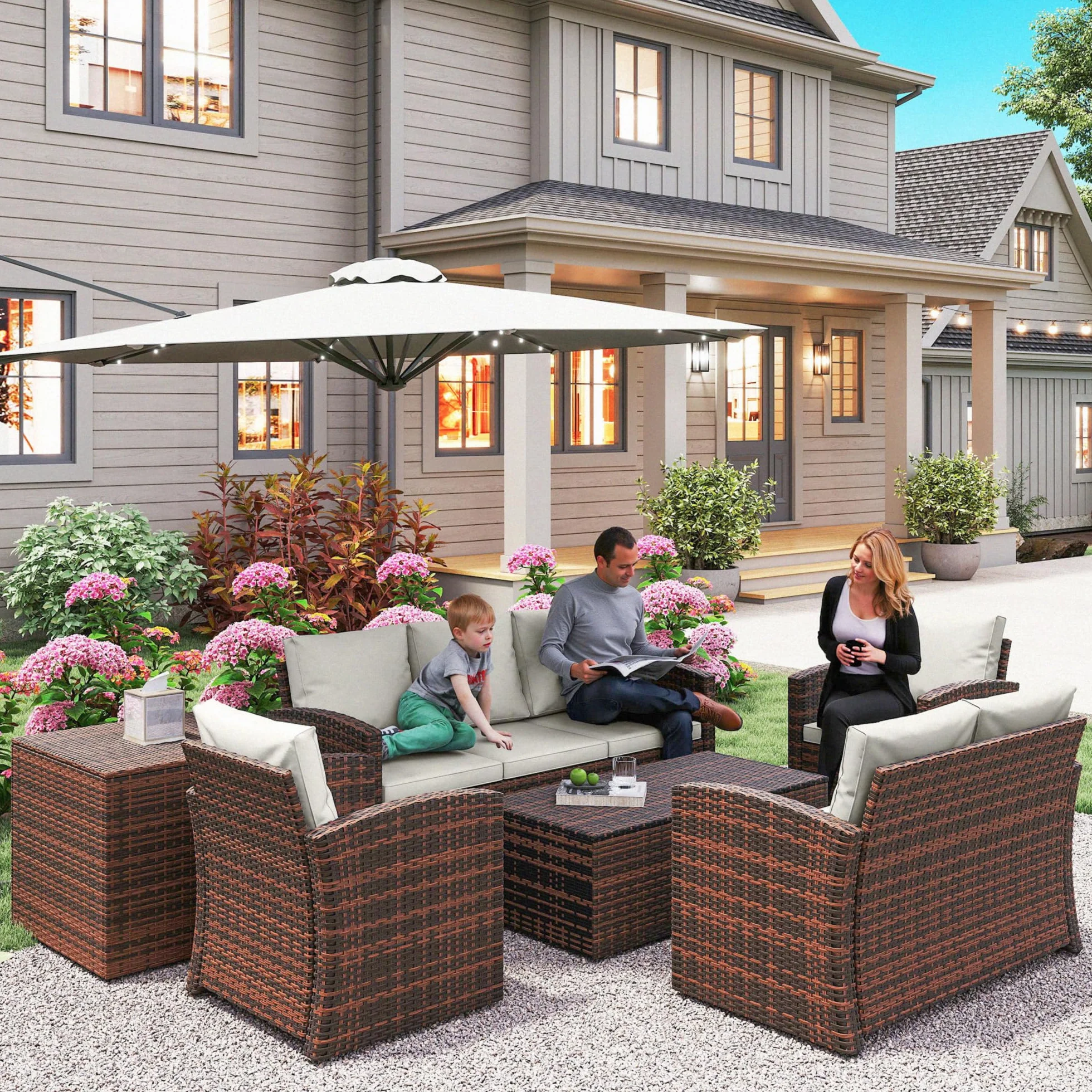 Outsunny Conjunto de Jardín Exterior de Ratán 6 Piezas con Cojines, Sofá Doble, 3 Plazas, 2 Sillones, 2 Mesas, Beige