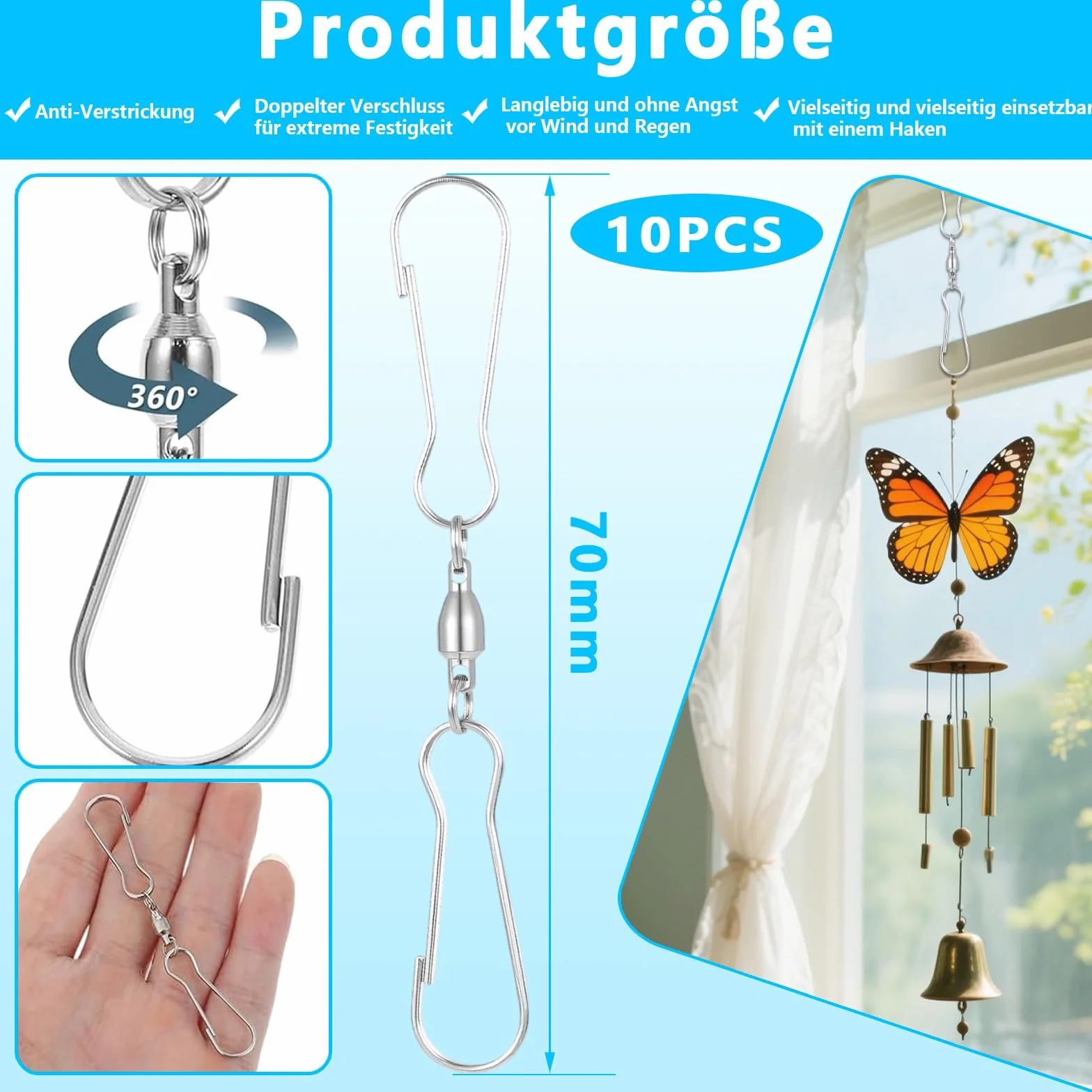 Ganchos giratorios de acero inoxidable 360° doble clip para colgar macetas y carillones