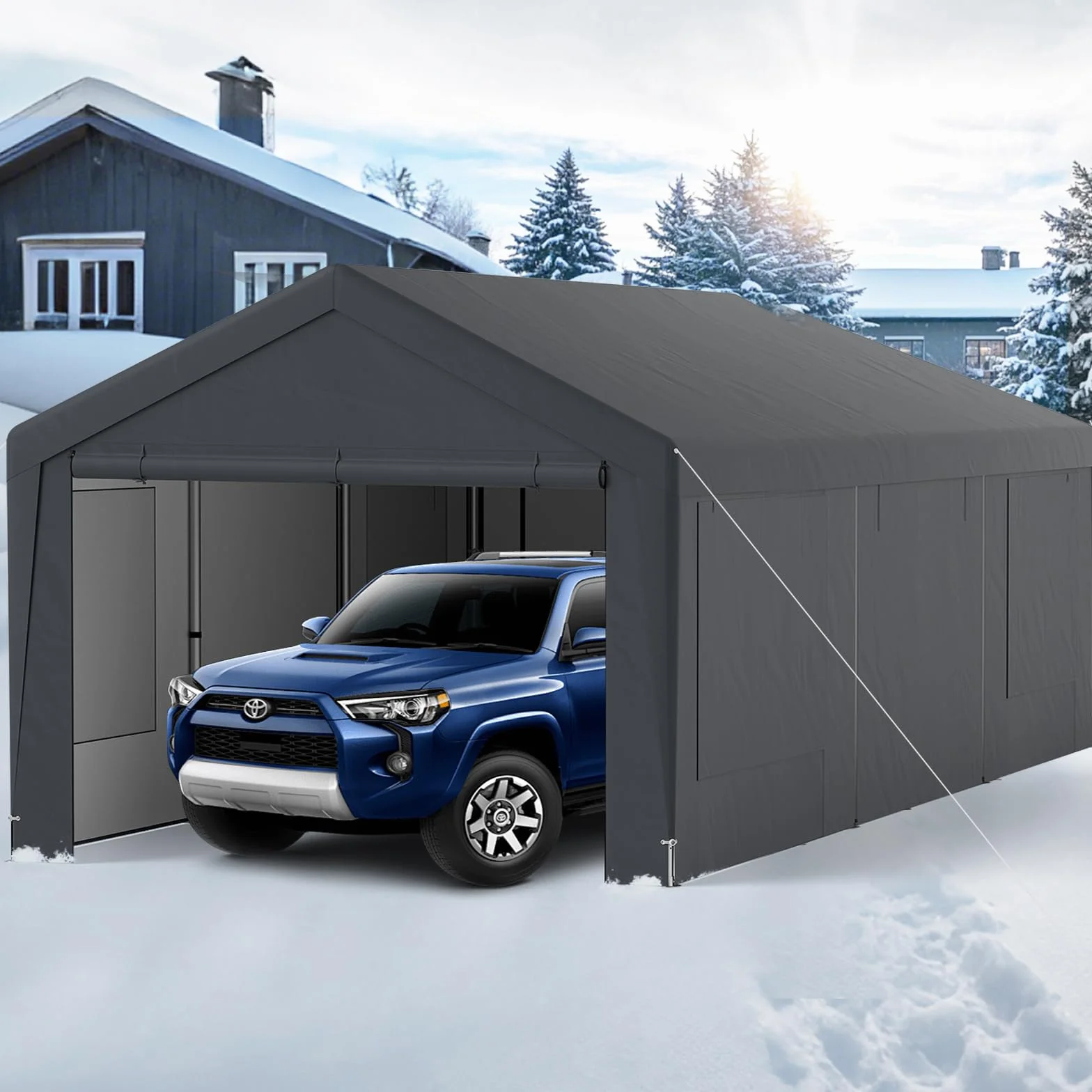 GOPLUS Garaje Impermeable 3x6 M, Carpa para Coche con 8 Paredes Laterales Desmontables, Gris