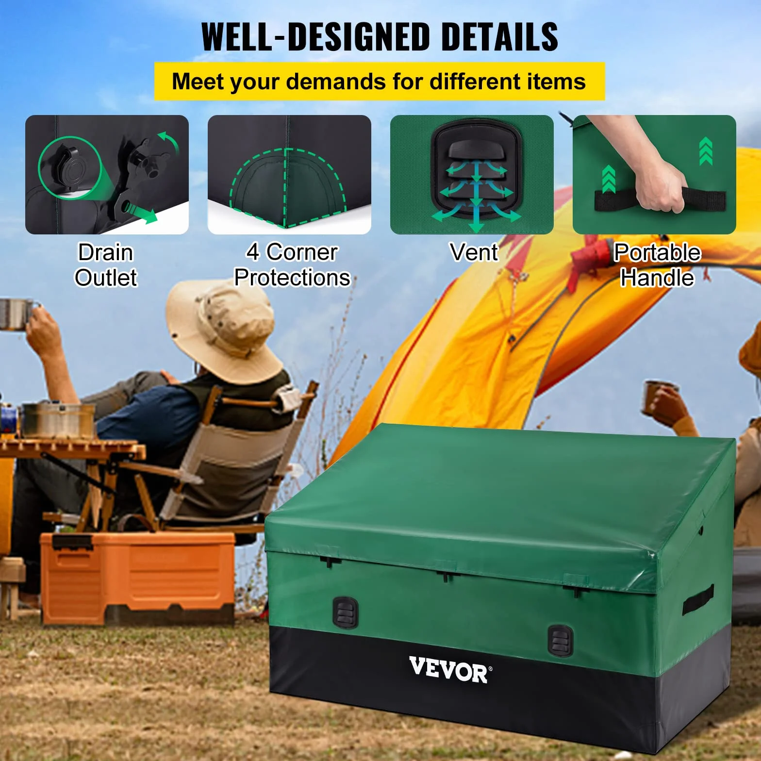VEVOR Caja de Almacenamiento 230 Galones Arcón de Almacenaje para Jardín Tela Lona de PE 147 x 86 x 108 x 77 cm Verde