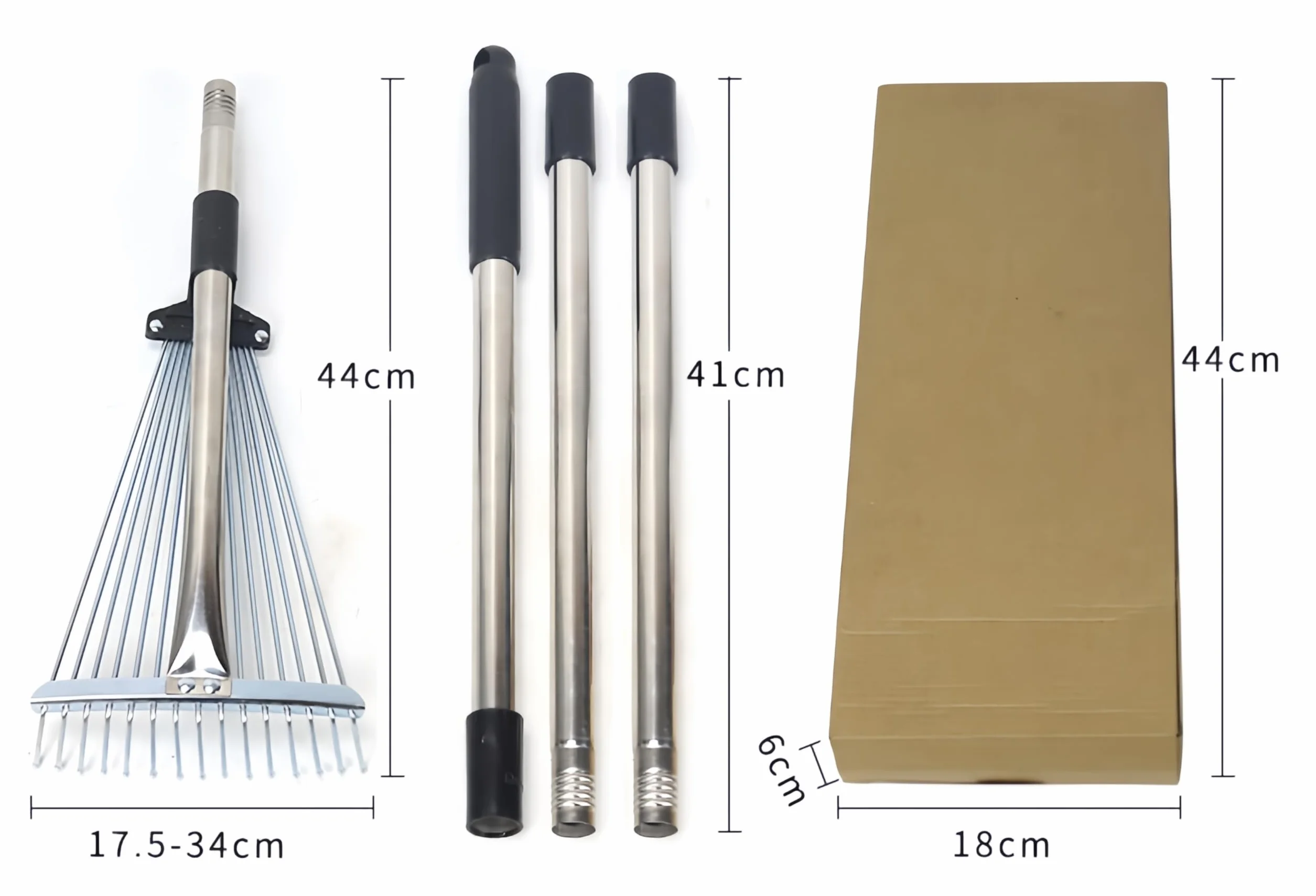 Rastrillo de jardín ajustable de metal para hojas, mango largo 85-175 cm, cabeza expandible 17-37 cm