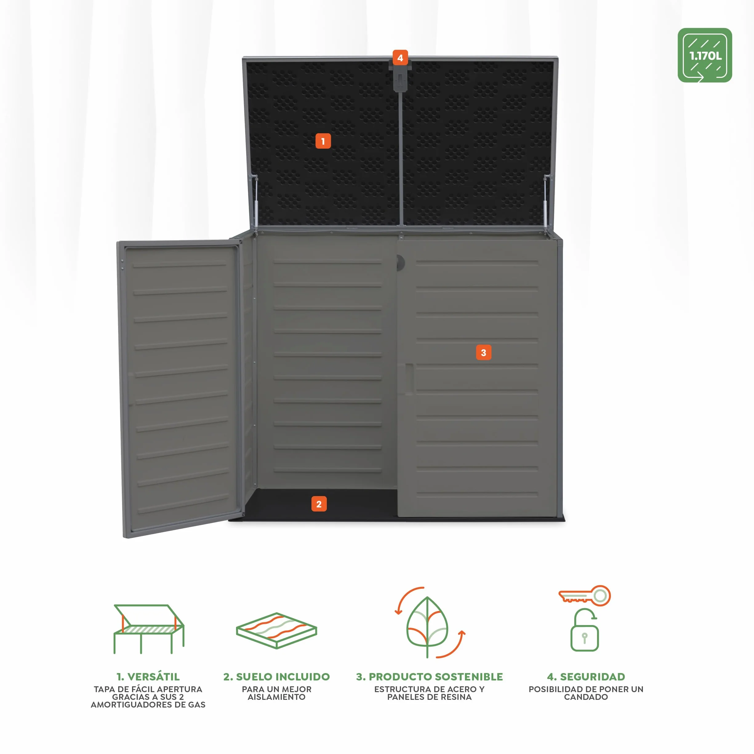 Wasabi Armario Exterior Resina 1170L 140x82x124cm Suelo Incluido Puerta Doble Tapa Abatible Cobertizo Jardín