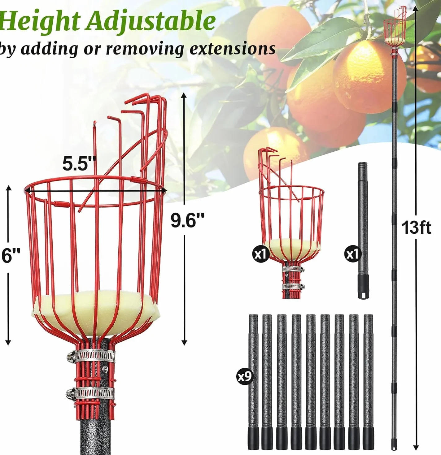 Recolector de Frutas 168cm Varillas de Extensión Recogedor de Manzanas Herramientas