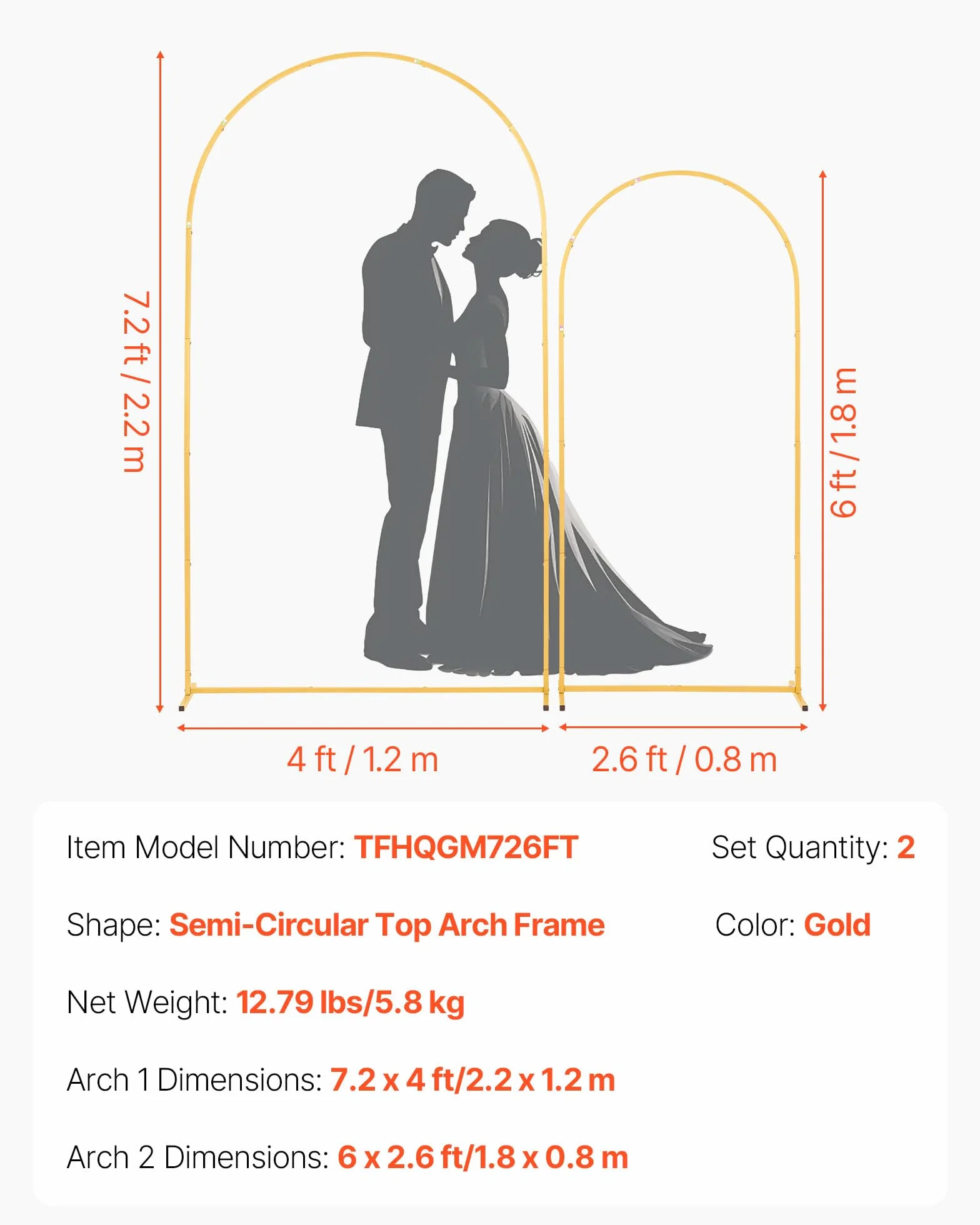 VEVOR Arco de Metal para Rosas 2 Piezas 2,2 x 1,2 m y 1,8 x 0,8 m, Soporte de Arco para Decoración de Bodas, Dorado