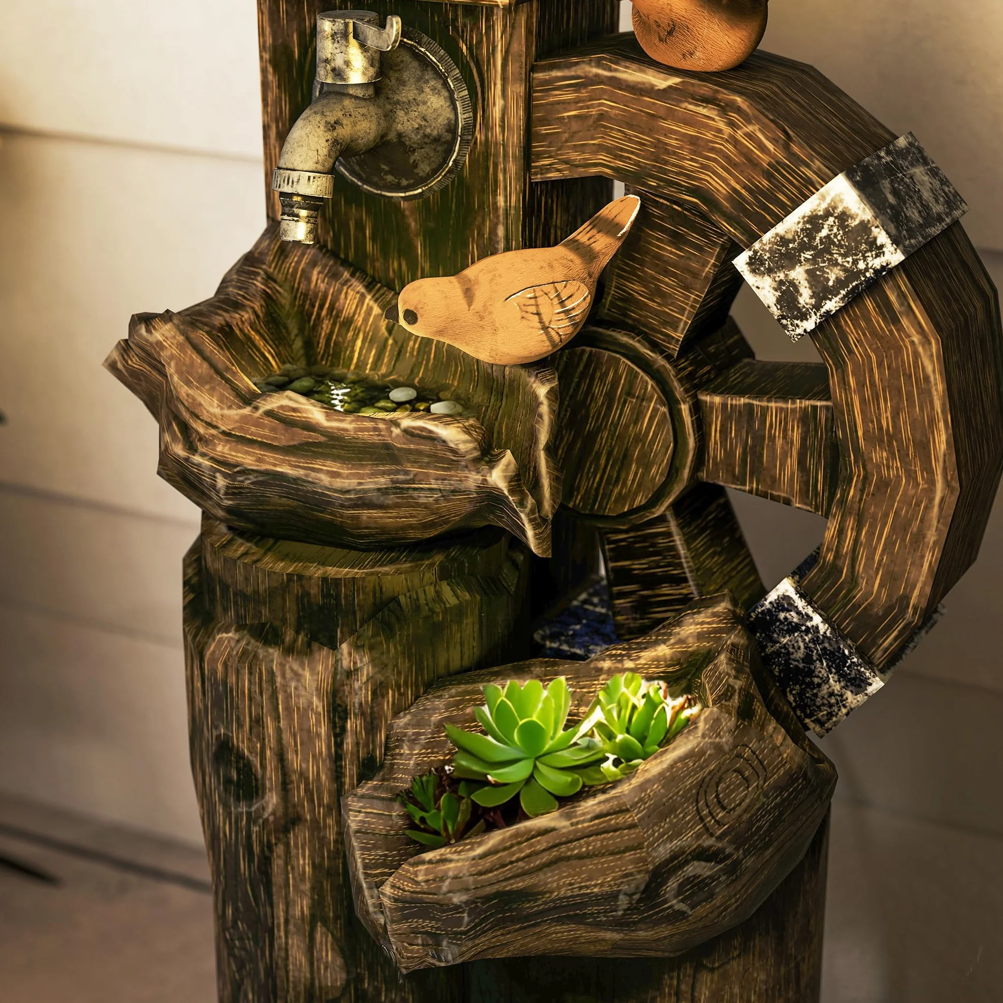 Outsunny Fuente de Agua 2 en 1 con Casita para Pájaros Fuente de Jardín con Iluminación LED Fuente Decorativa en Cascada de 4 Niveles para Jardín Patio Terraza 34,5x29,5x92 cm Multicolor