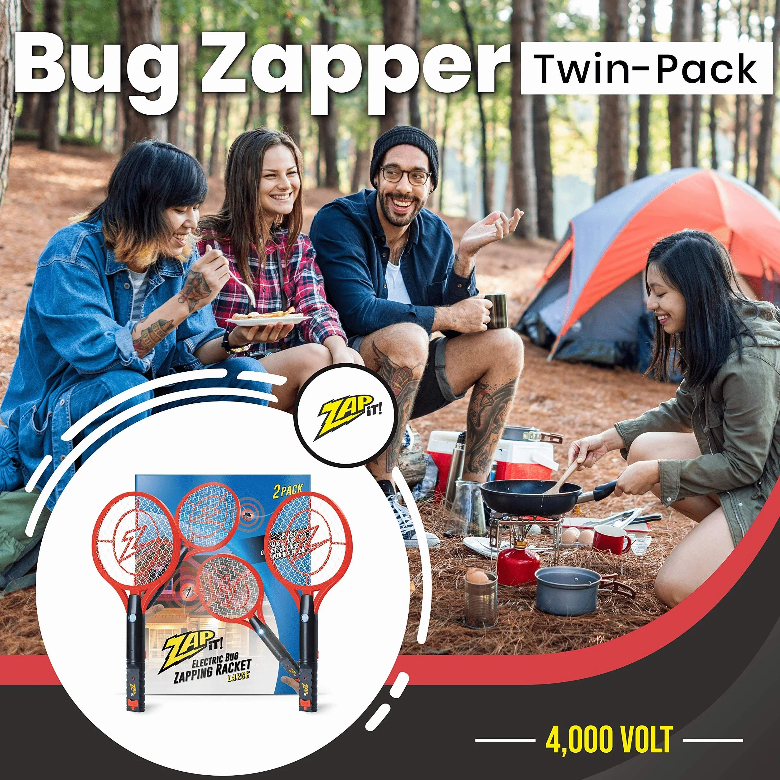 ZAP IT! Bug Zapper - Raqueta recargable para eliminar insectos, 4.000 voltios, cable de carga USB, paquete de 2