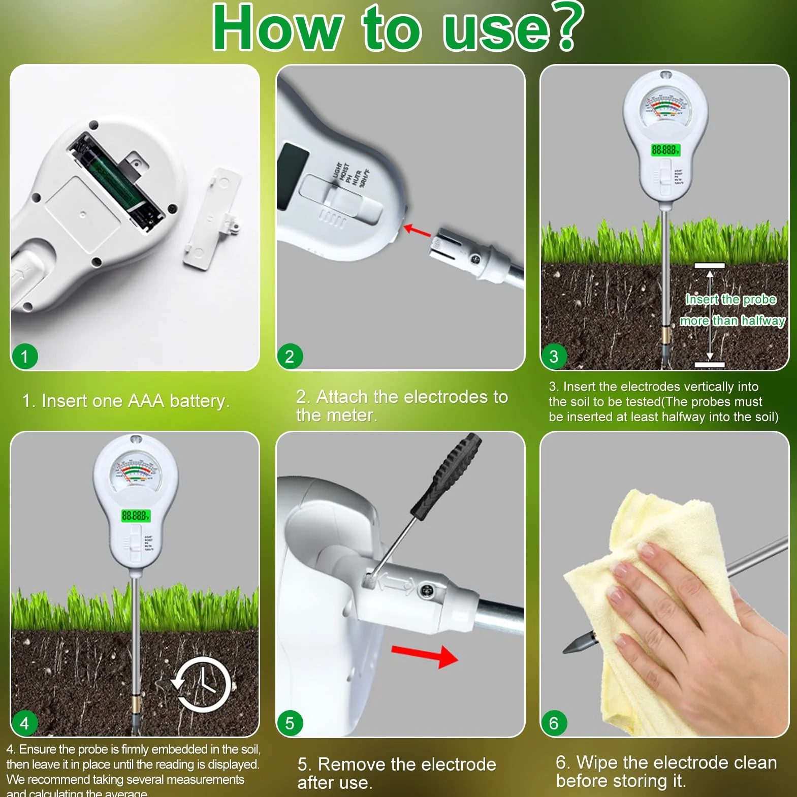 Shinybox Medidor de Suelo 6 en 1, Medidor de Humedad de Plantas con 2 Sondas Extraíbles, Fertilidad, pH, Temperatura, Sol, Humedad Ambiental para Jardín