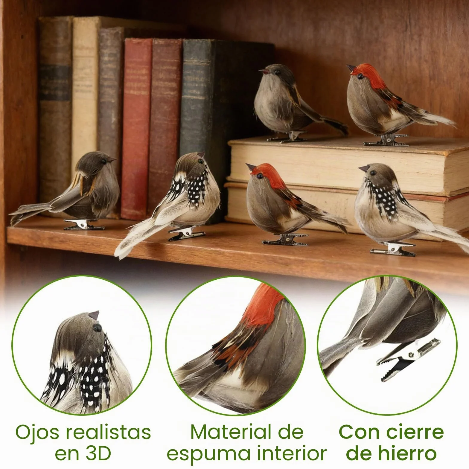 6pcs Pájaros Artificiales Pájaros Artificiales con Pinza Decorations de Jardín Hogar DIY Fiesta Boda Navideñas