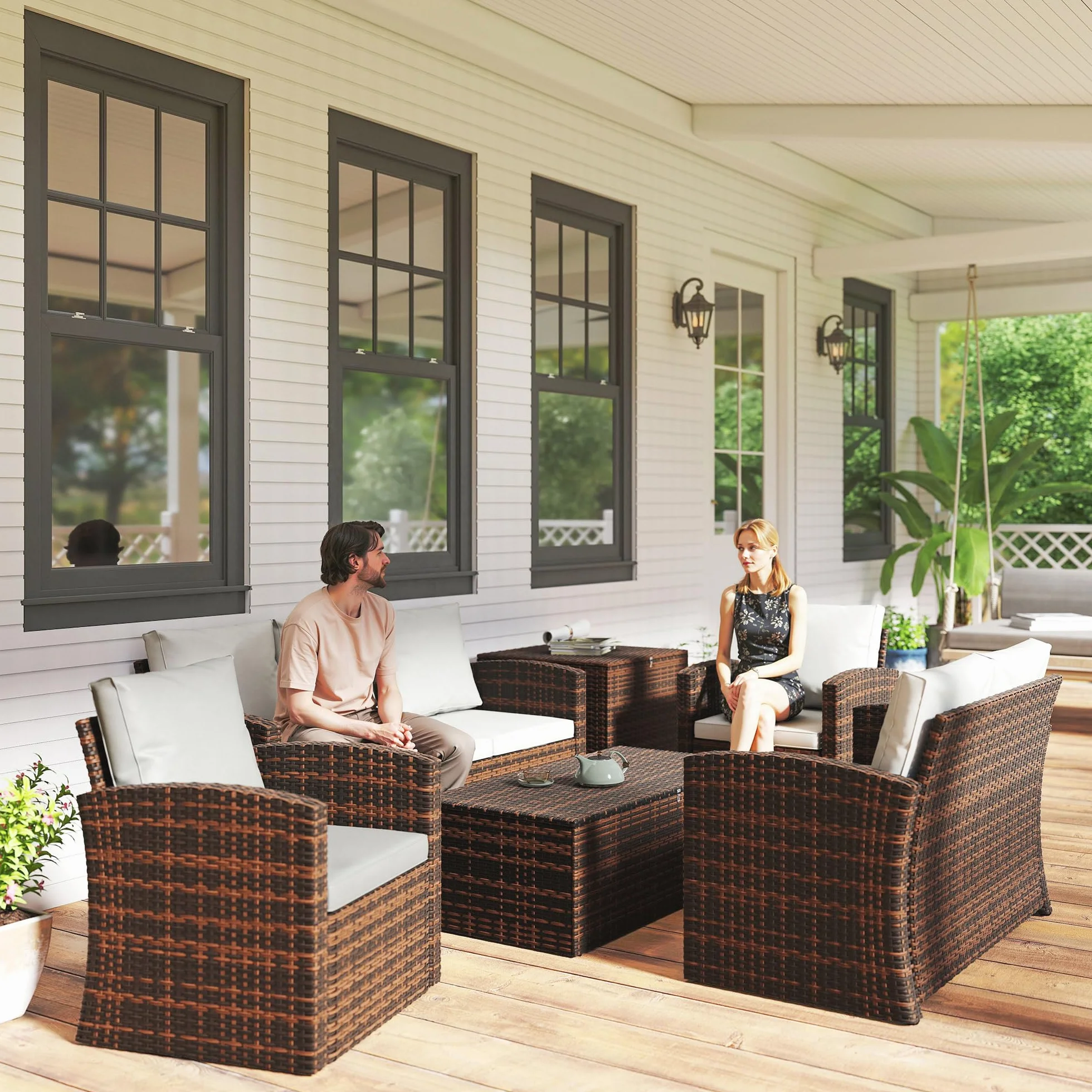 Outsunny Conjunto de Jardín Exterior de Ratán 6 Piezas con Cojines, Sofá Doble, 3 Plazas, 2 Sillones, 2 Mesas, Beige