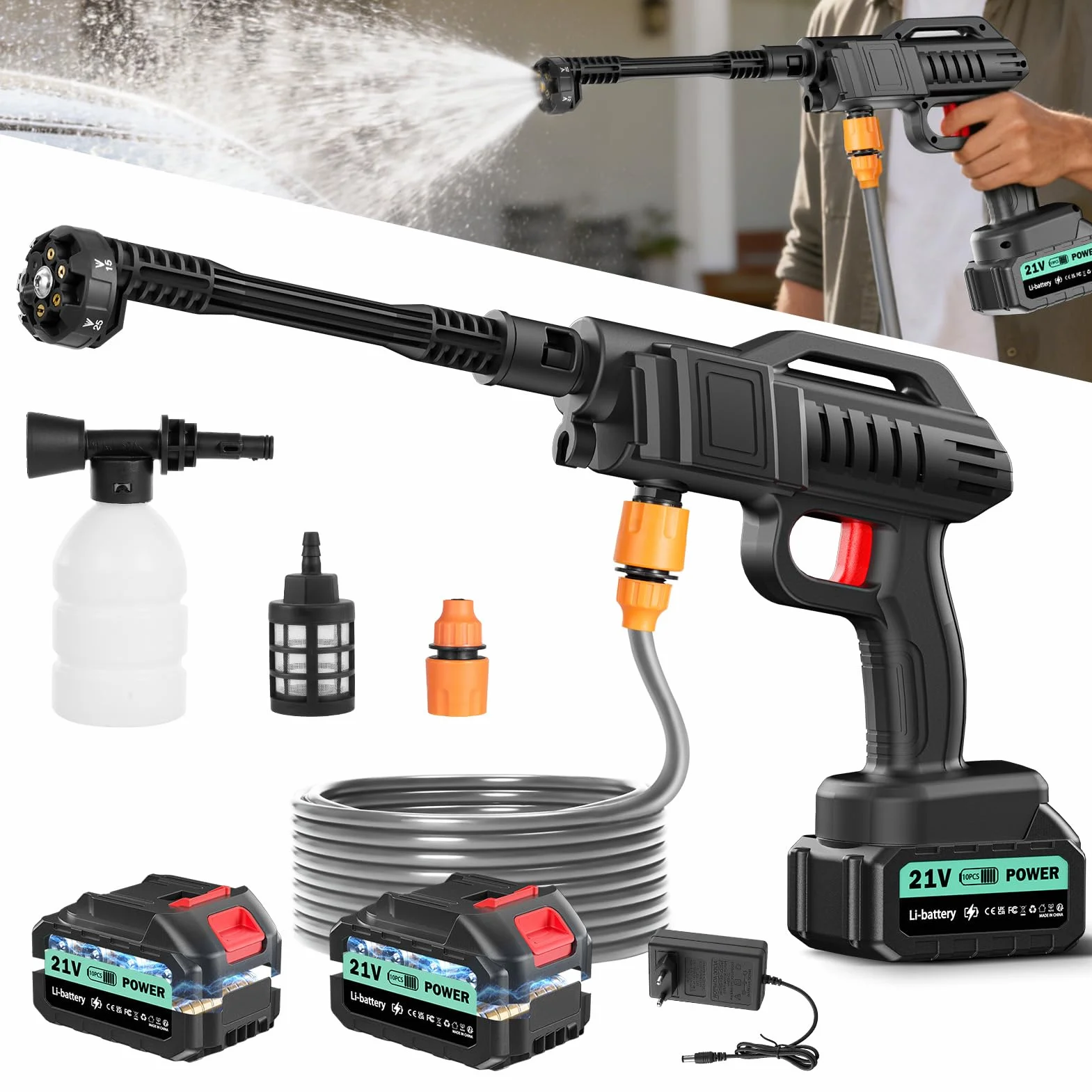 Hidrolimpiadora de Alta Presión,80Bar Hidrolimpiadora Inalámbrica,Portátil Pistola de Agua a Presión con 2×3.0Ah Baterías,Boquilla 6 en 1,Manguera 5m,Cubo,para Limpiar Coche, Terraza, Jardín