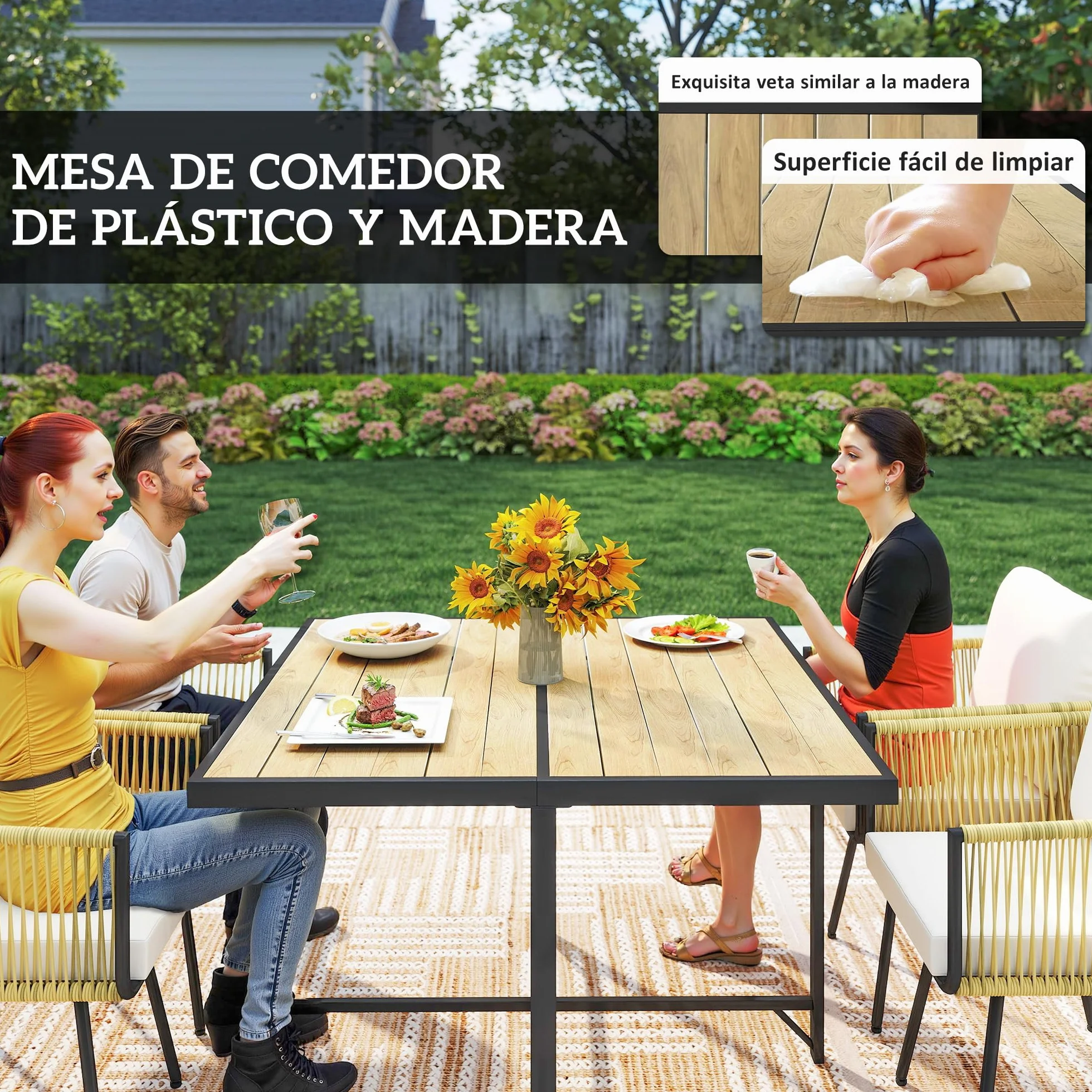 Outsunny Conjunto de Mesa y Sillas Jardín de Ratán de 5 Piezas, Muebles Jardín Exterior con Mesa de Plástico-Madera y 4 Sillas con Cojines Extraíbles, Marco de Metal Resistente para Terraza, Beige