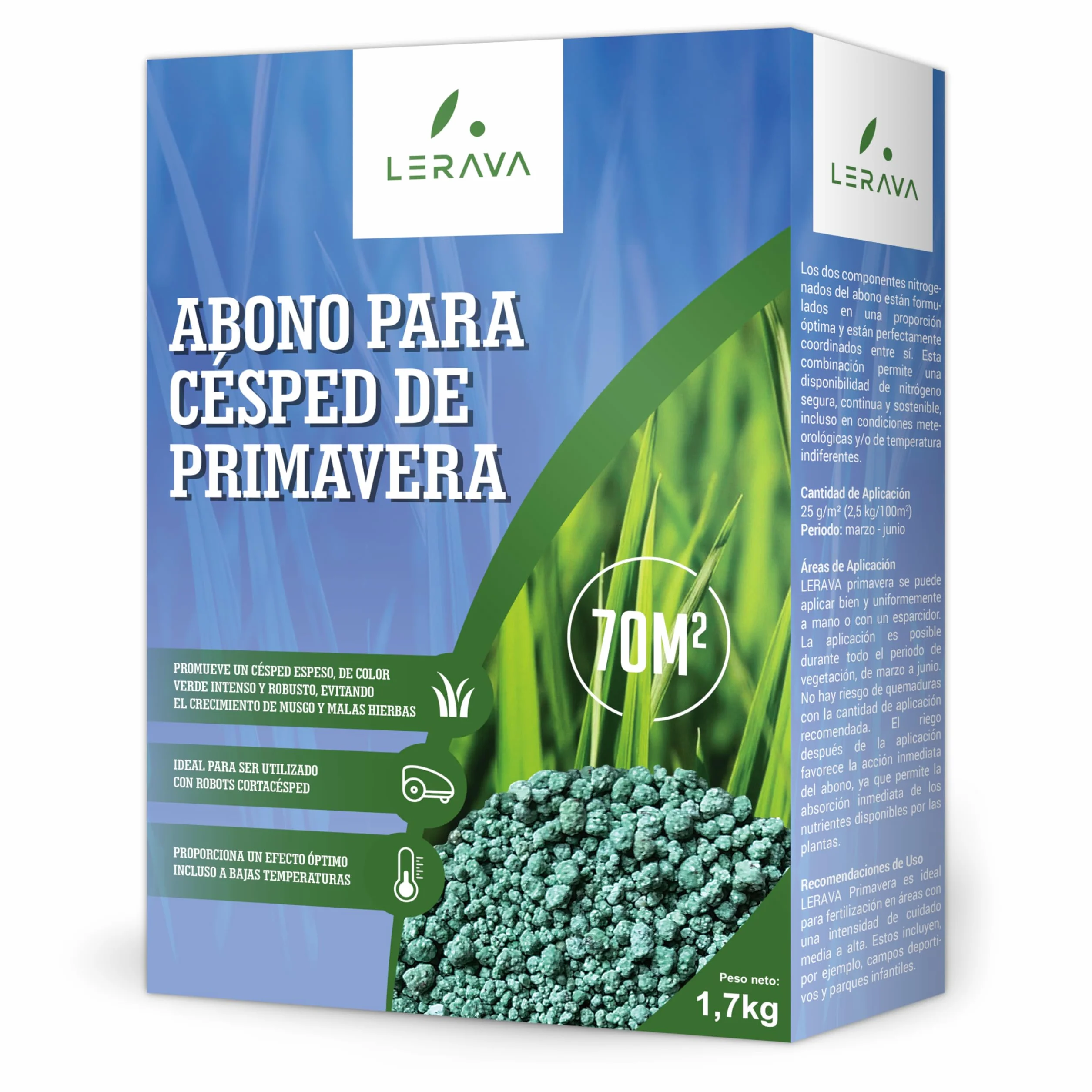 LERAVA abono césped primavera 70 m² fertilizante liberación lenta protección fúngica 1,7 kg