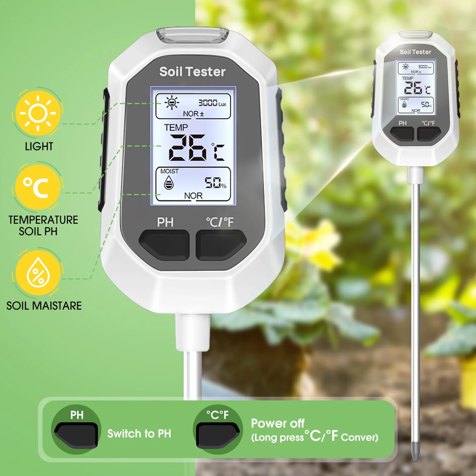 YAMRON Medidor de Humedad del Suelo 4 en 1 Digital pH Humedad PH Temperatura Luz Solar con Pantalla LCD