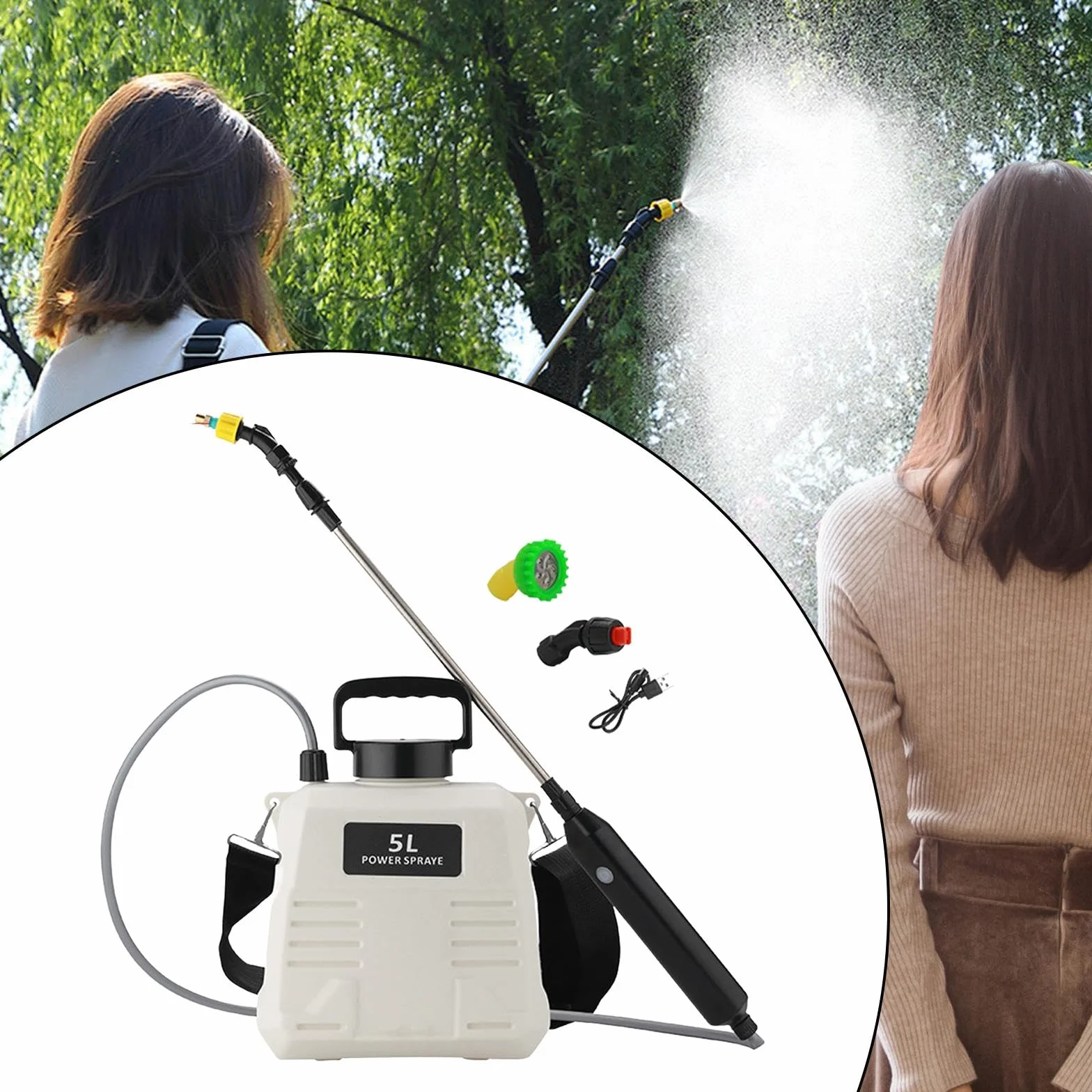 Pulverizador Eléctrico con 3 Boquillas de Niebla, Correa para El Hombro Y Varillas Telescópicas para Riego Exterior, 5L Blanco
