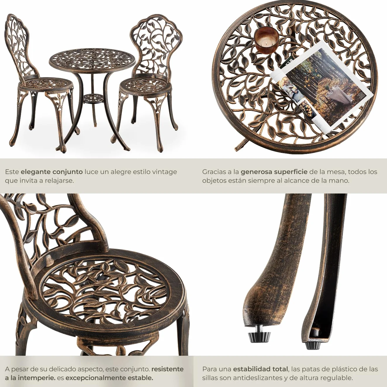 tectake® Juego de Bistró 3 Piezas, Sillas Jardín Exterior y Mesa Retro, Conjunto Terraza