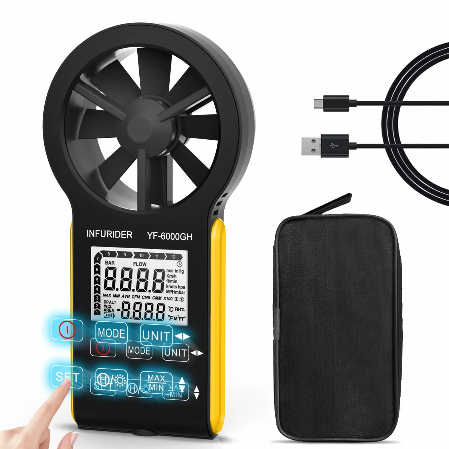 Anemómetro Portátil Recargable INFURIDER YF-6000GH, Medidor de Viento Digital con Temperatura