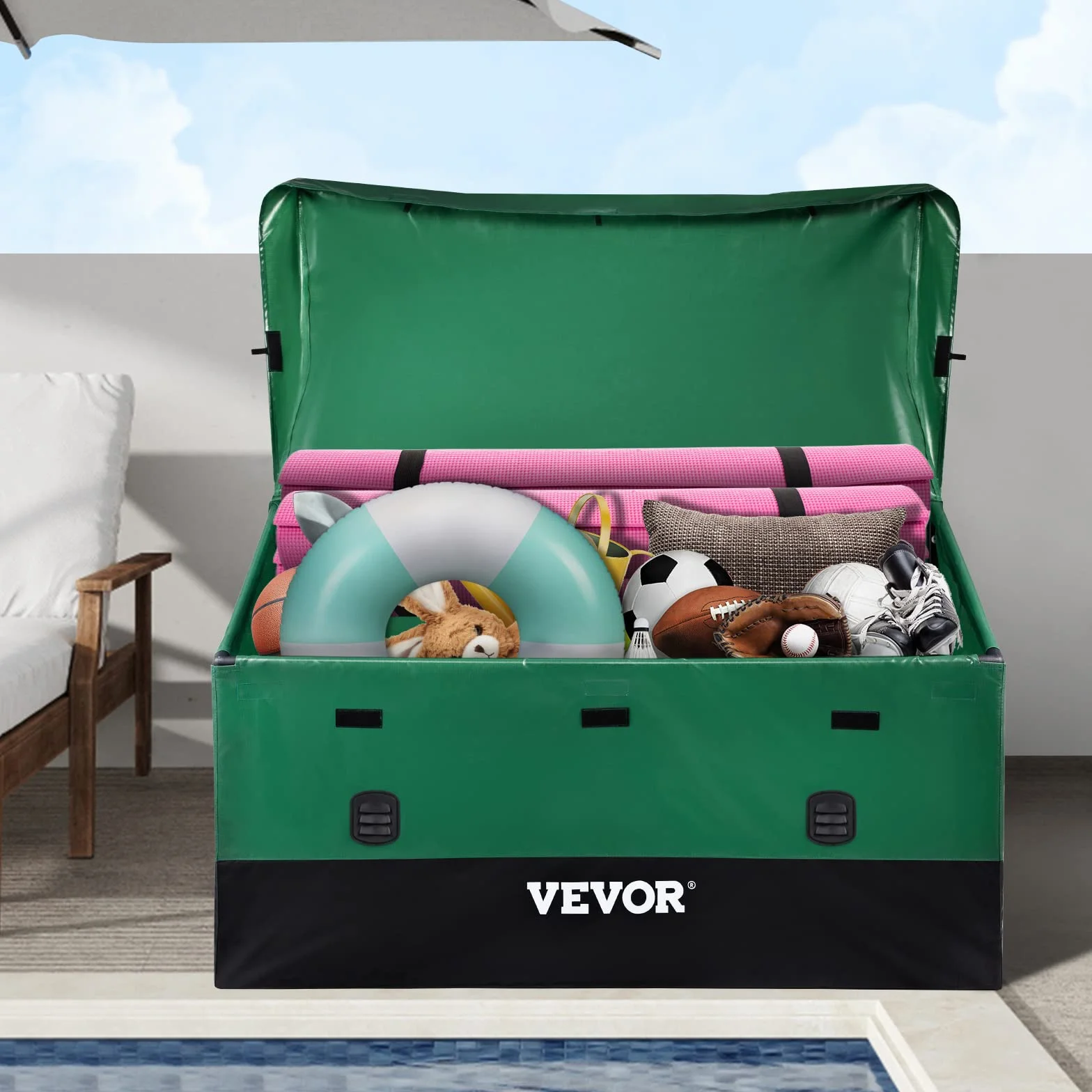 VEVOR Caja de Almacenamiento Exteriores 150 Galones Arcón Jardín Tela Lona PE Baúl Portátil 155x63x75x52 cm Verde