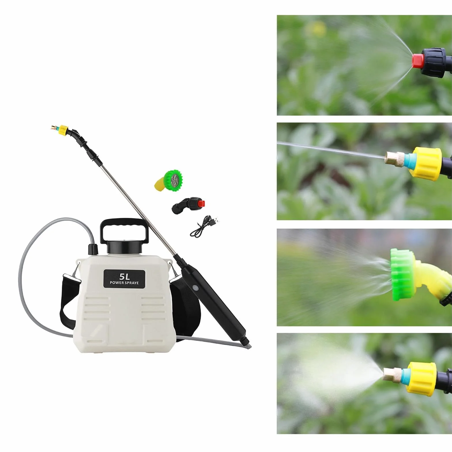 Pulverizador Eléctrico con 3 Boquillas de Niebla, Correa para El Hombro Y Varillas Telescópicas para Riego Exterior, 5L Blanco