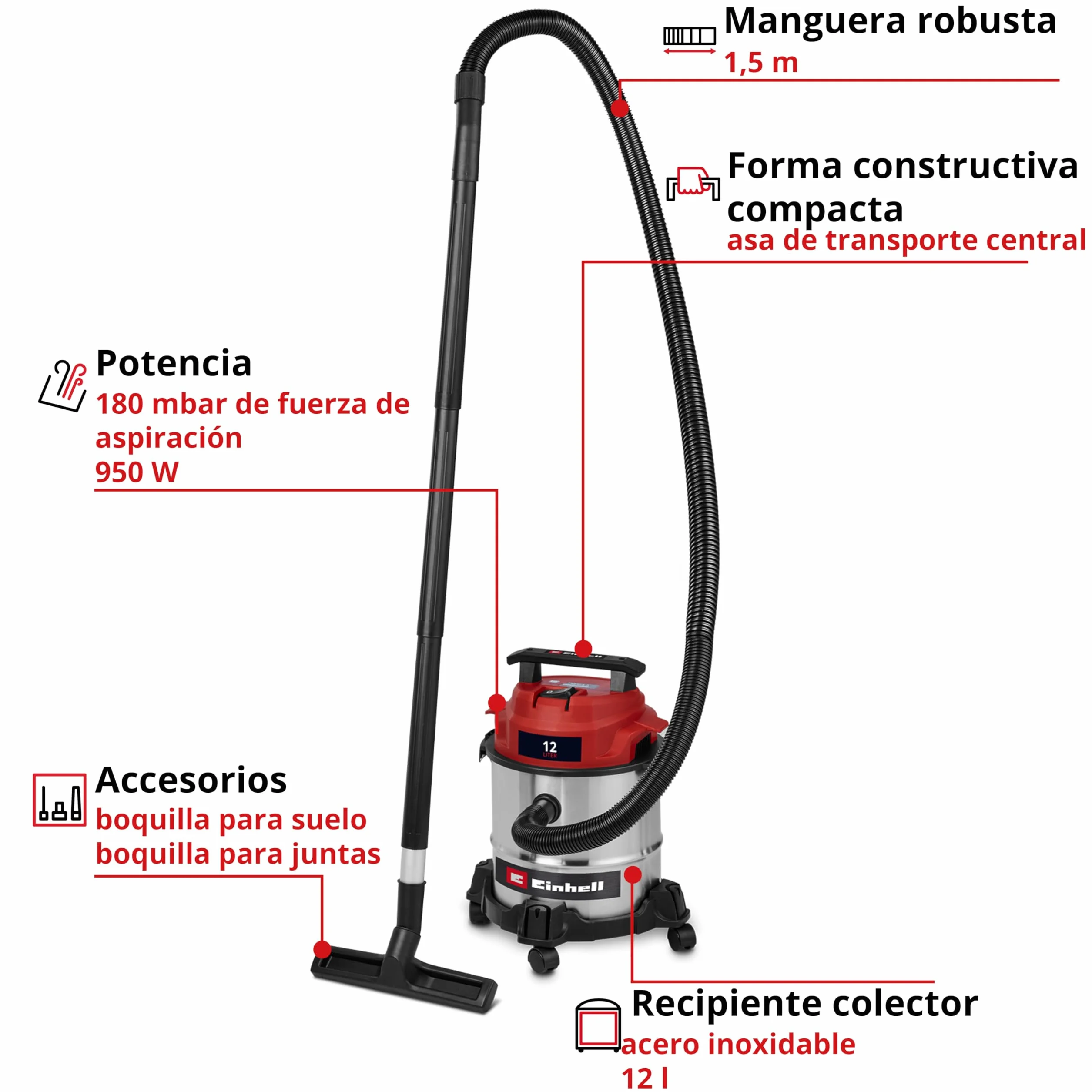 Einhell Aspirador en seco y húmedo TC-VC 1240 S | 950 W | 180 mbar | 4 ruedas giratorias | depósito 12 l | Incl. boquilla para juntas y boquilla combinada | Filtro de espuma