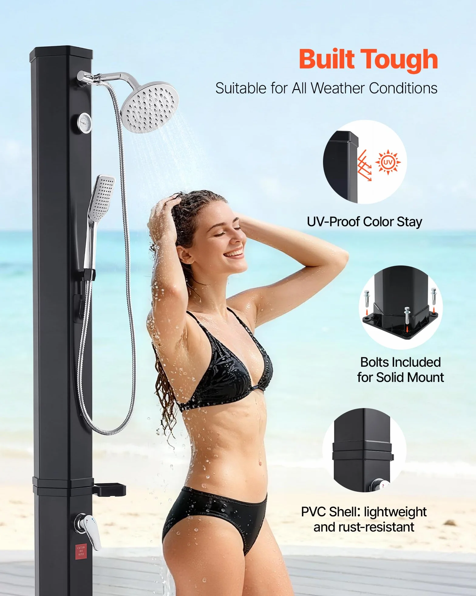 VEVOR Ducha Solar 40 litros 205 cm Exterior Grifo Rociador Cabezal Giratorio 360° Agua Fría Caliente PVC Reforzado Negro
