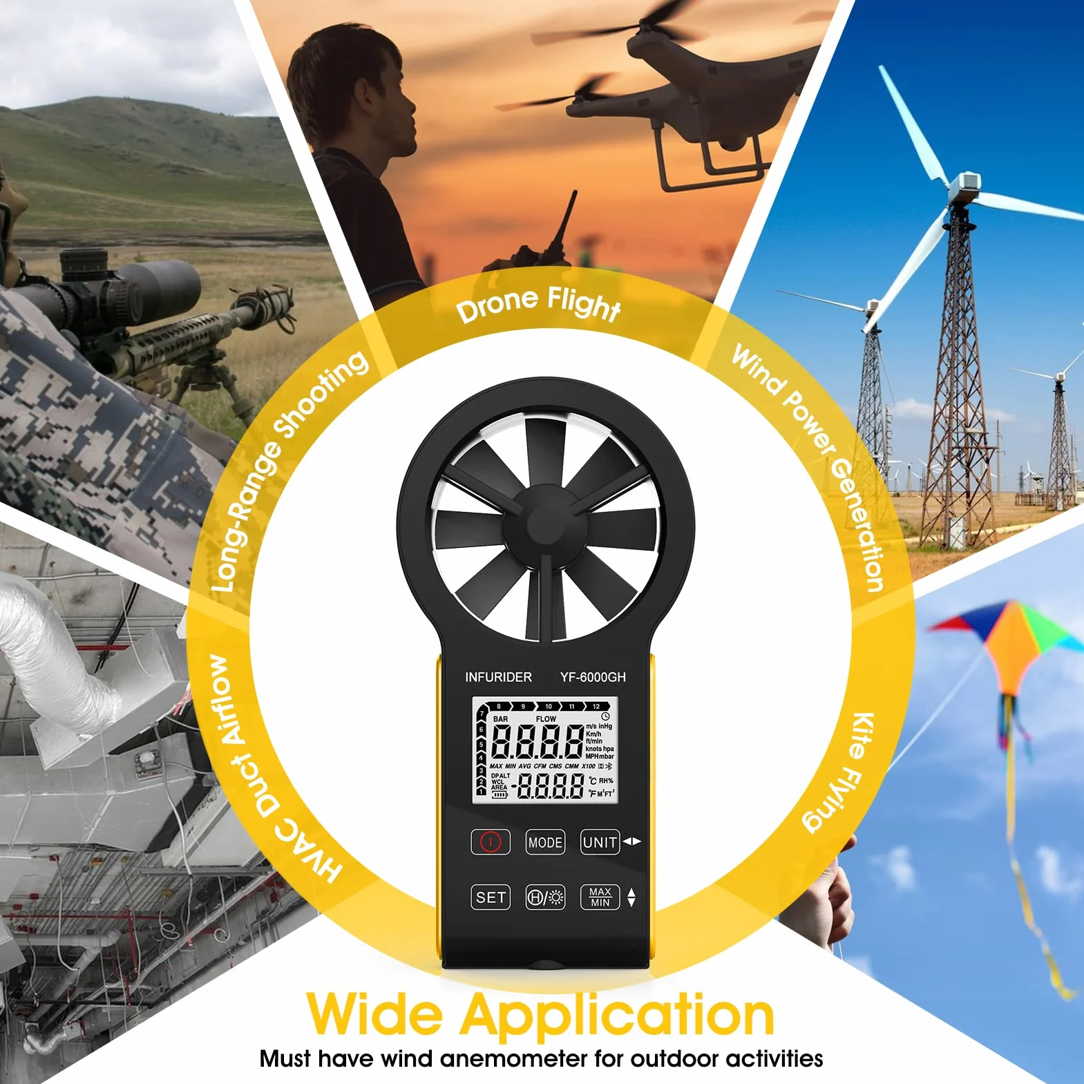 Anemómetro Portátil Recargable INFURIDER YF-6000GH, Medidor de Viento Digital con Temperatura