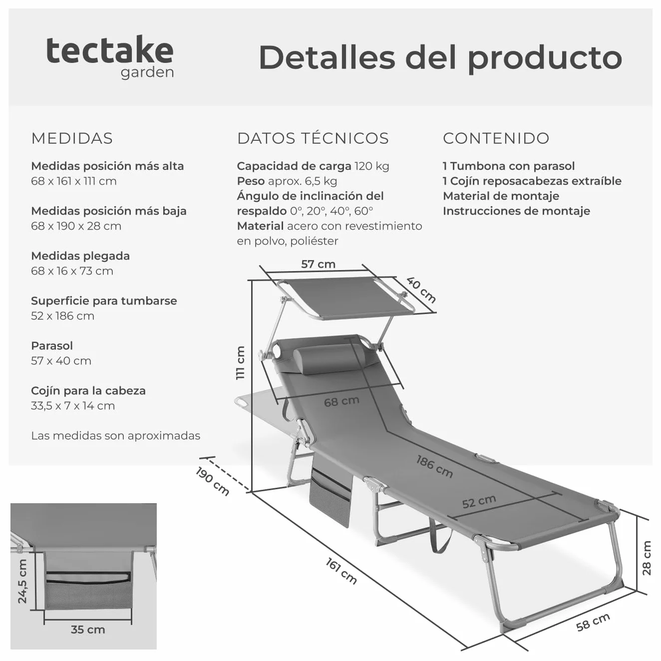 Tectake Tumbona Jardín Exterior Acero Plegable Reposacabezas Parasol Bolsillo Lateral Reclinable 6 Posiciones Resistente Intemperie Gris