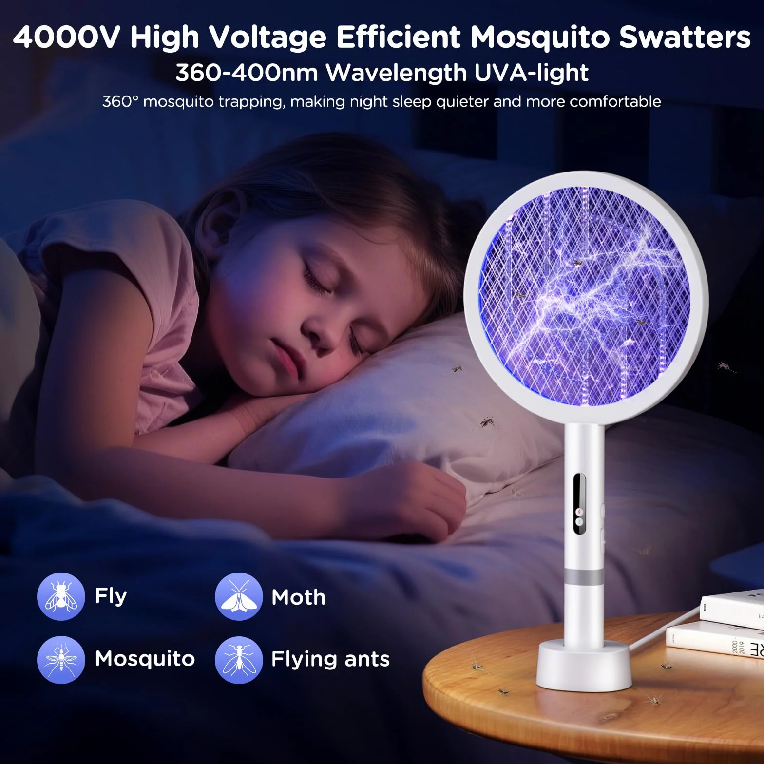 Raqueta Mosquitos Electrica 4000V, 1800mAh USB-C Recargable Matamoscas Fuerte con Lámpara UV, Malla 3 Capas, Blanco