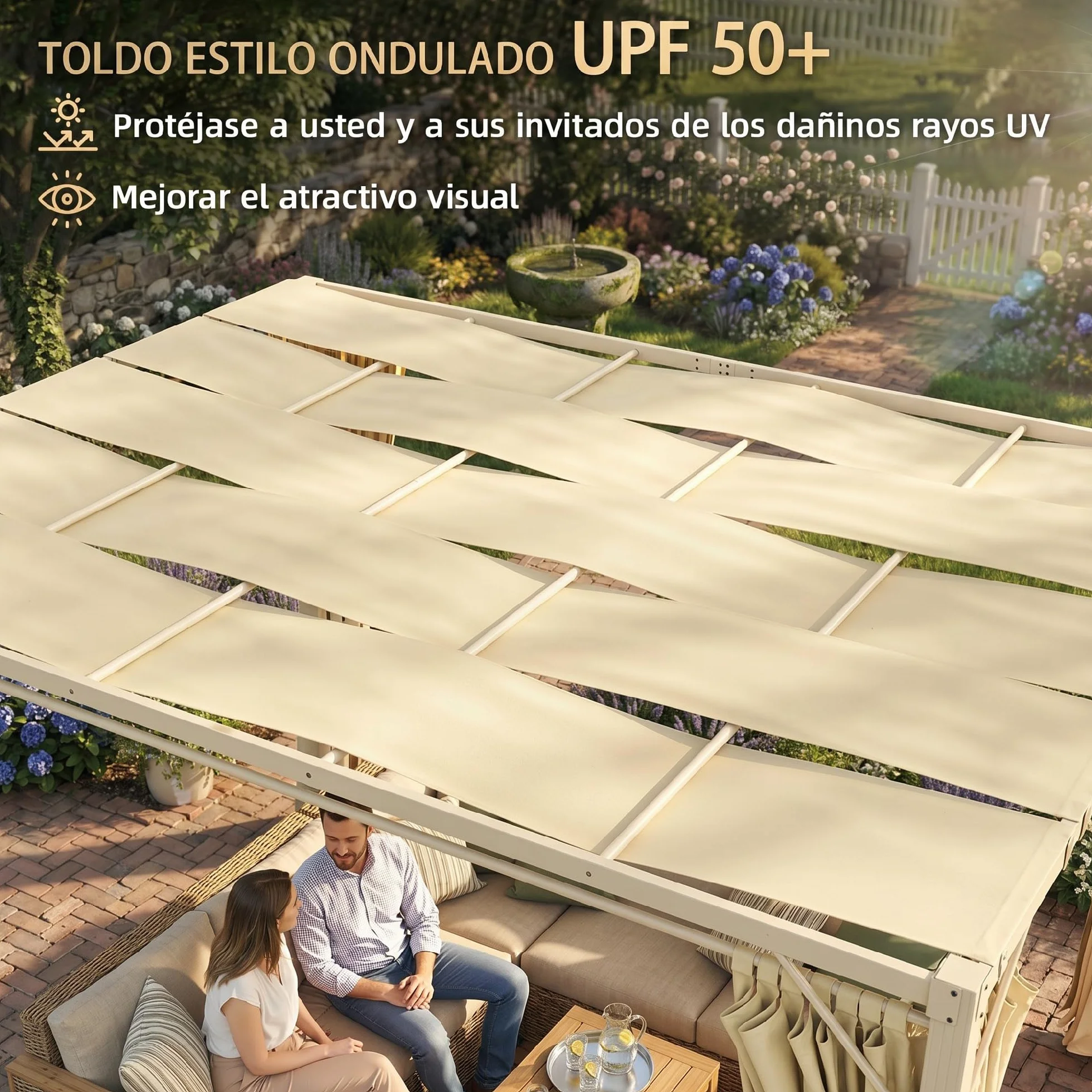 Outsunny Pérgola de Jardín 3x4 m Cenador con Techo Ondulado, Cortinas Desmontables, Estructura Acero, Protección UPF50+, Beige