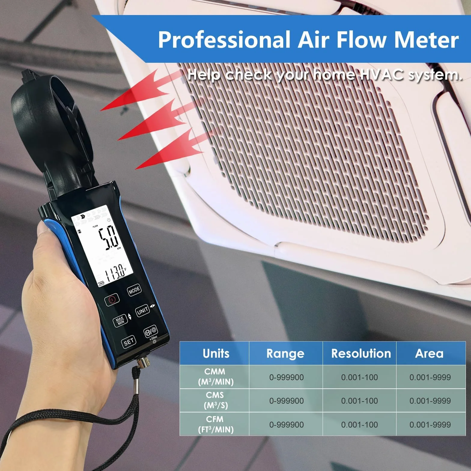 Anemómetro Digital de Mano CFM para HVAC Recargable Medición Velocidad Viento Flujo Aire Temperatura
