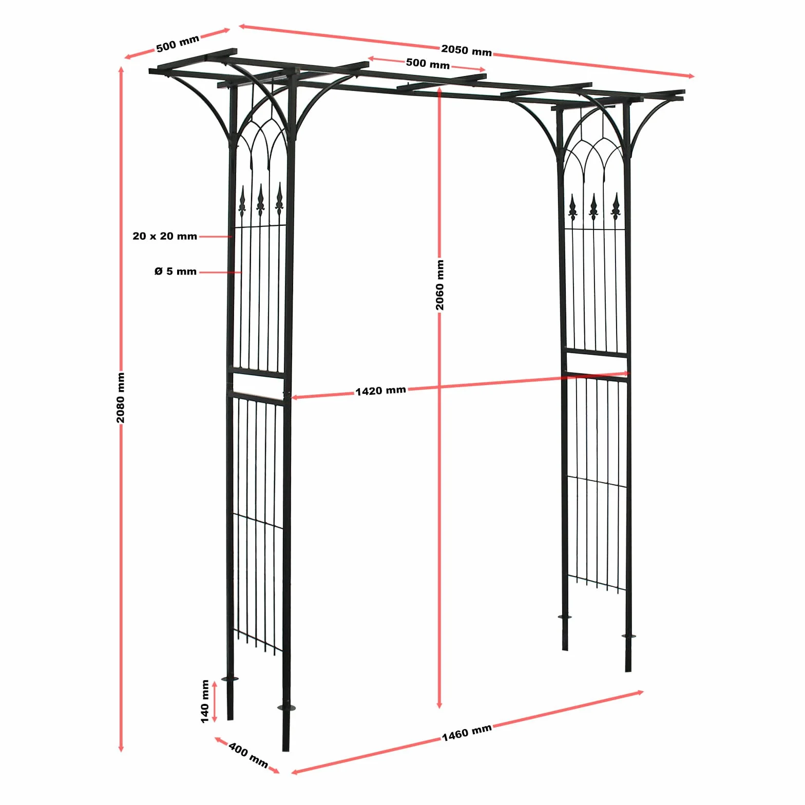 Arco de jardín para Rosas y trepadoras 205x50x208cm Acero Negro