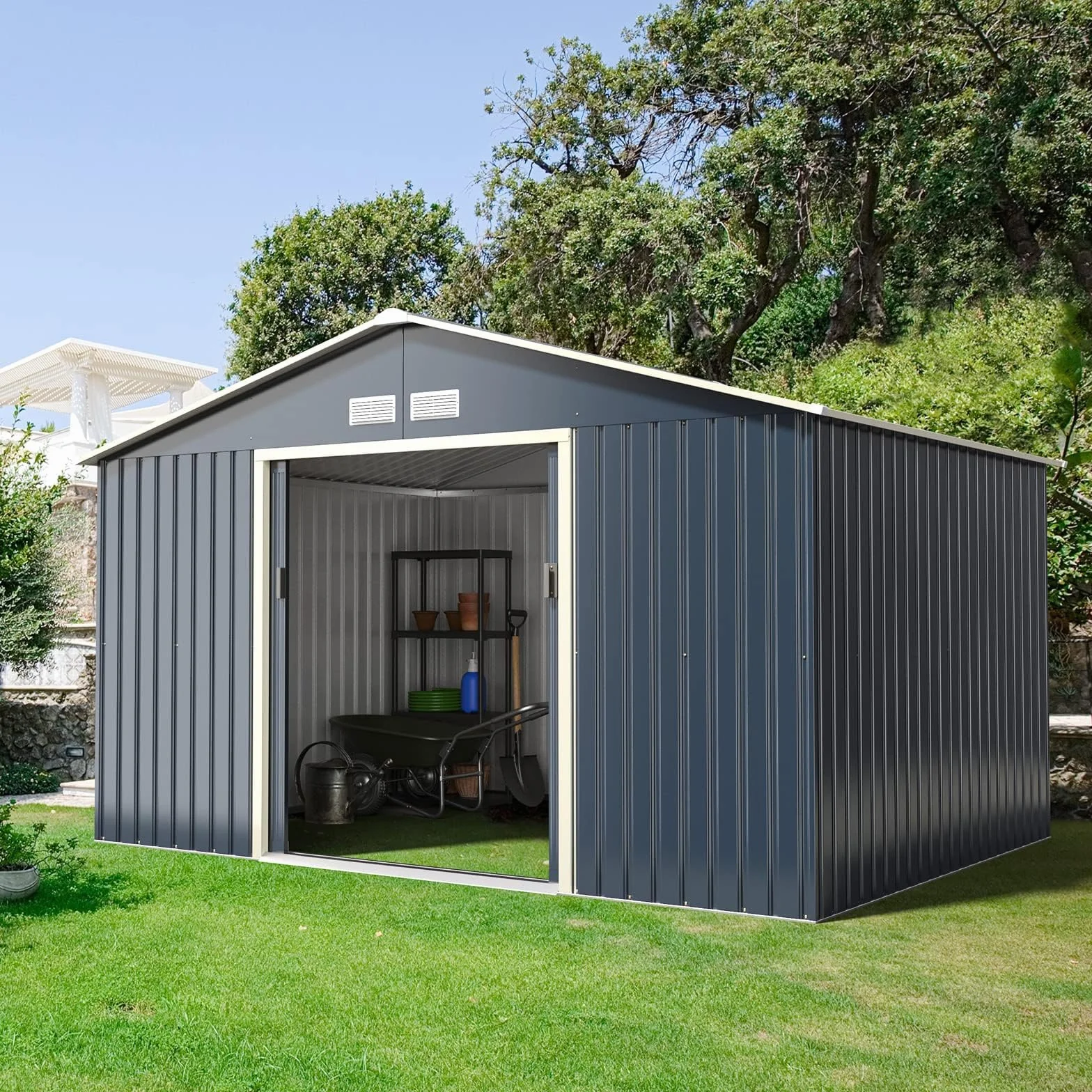COSTWAY Cobertizo Jardin Exterior Acero Galvanizado 8.7m² 340x255x210cm 2 Puertas Correderas Antracita