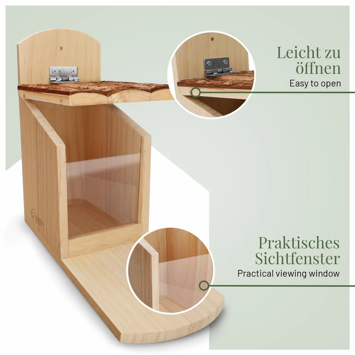Comedero para ardillas de madera maciza WILDLIFE HOME con tejado de corteza resistente a la intemperie