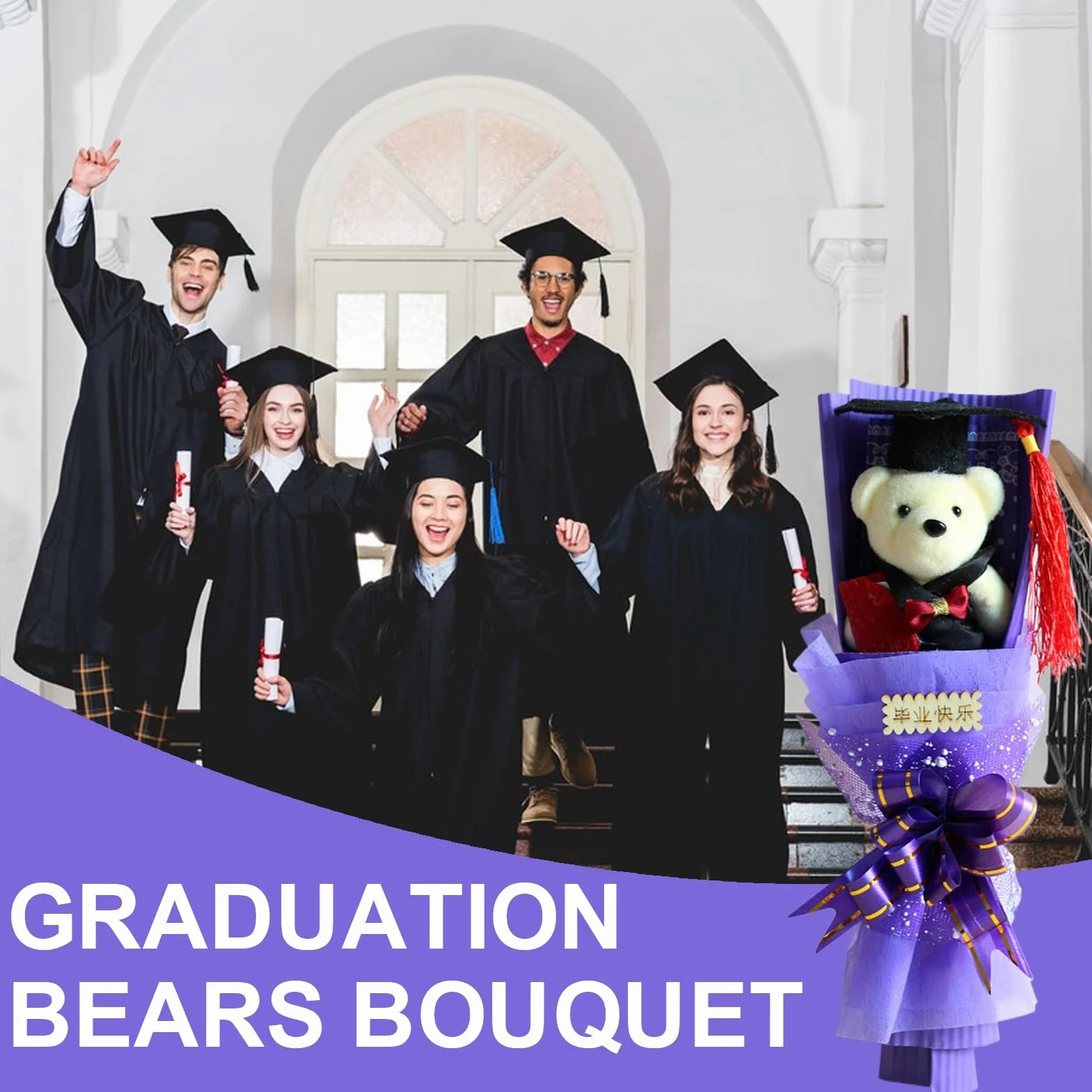 Oso Graduado con Birrete y Arreglo Floral Decorativo - Recuerdo Especial para Graduados