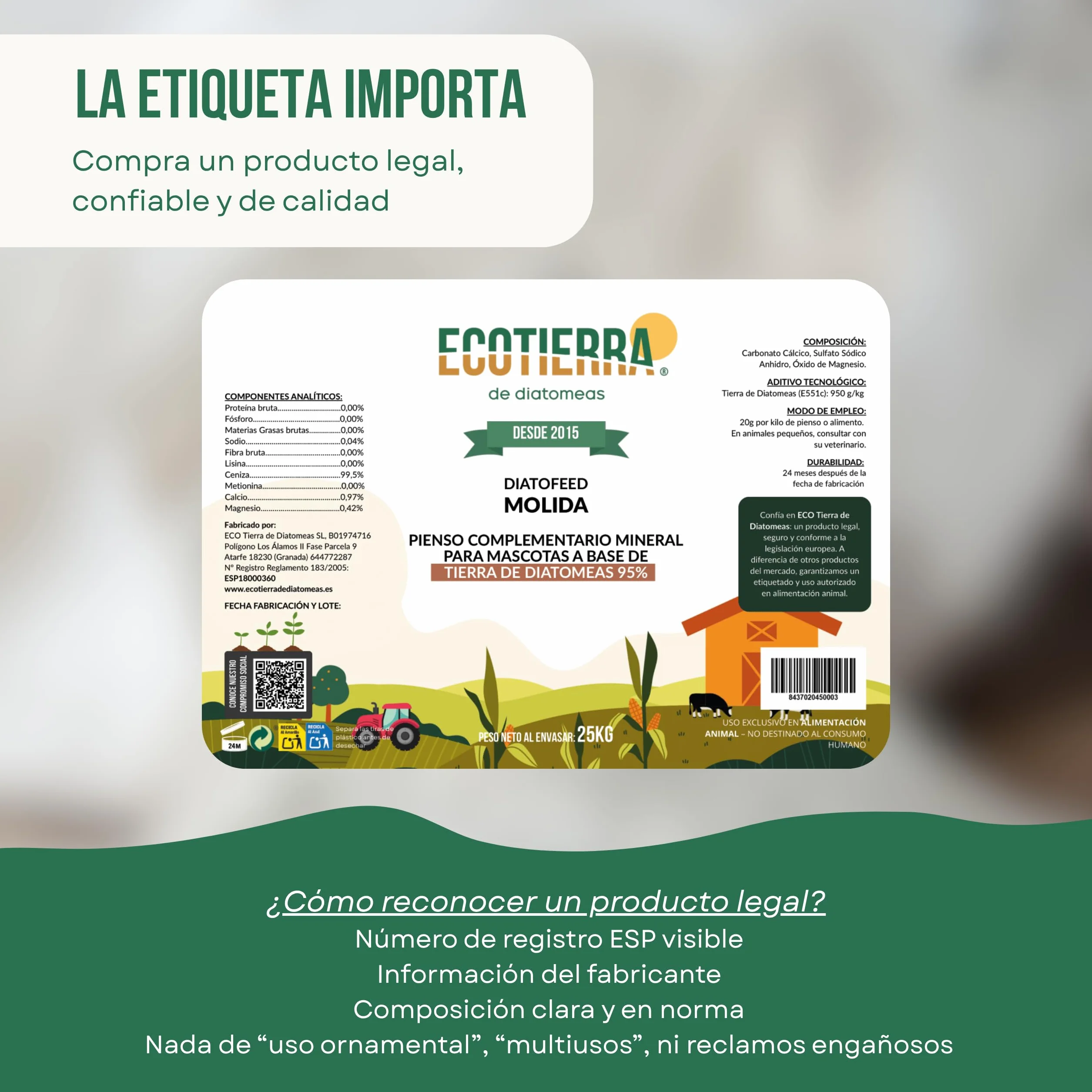 ECO Tierra de Diatomeas 6kg Ecológica Grado Alimenticio para Animales Sin Calcinar Diatofeed Molida Certificada