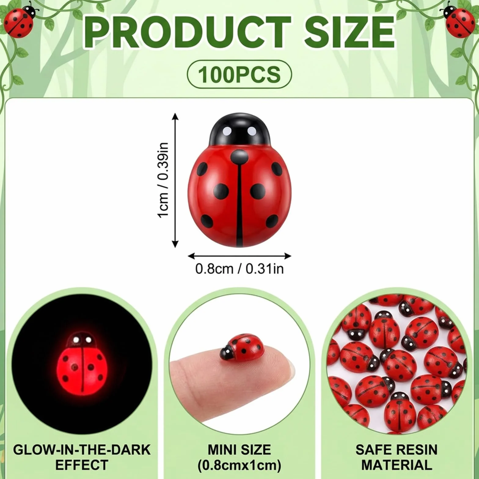 100 minifiguras decorativas de mariquitas, mini figuras de resina Ladybug Ladybug Luminosas Mariquitas Amuleto de la Suerte 3D Luminoso Decoración Jardín Figuras para Jardines de Hadas, Decoración de