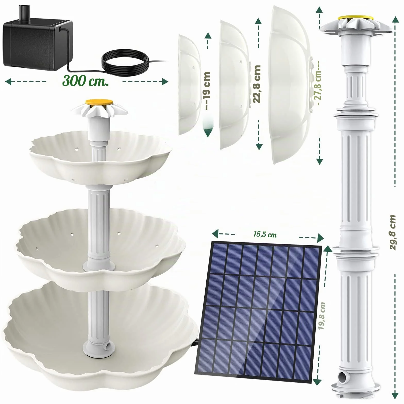 AISITIN Fuente decorativa de bricolaje, juego de bebedero para pájaros con fuente solar de 3,5 W, comedero para pájaros de 3 niveles, para exteriores, baño de pájaros y fuente solar DIY, extraíble y