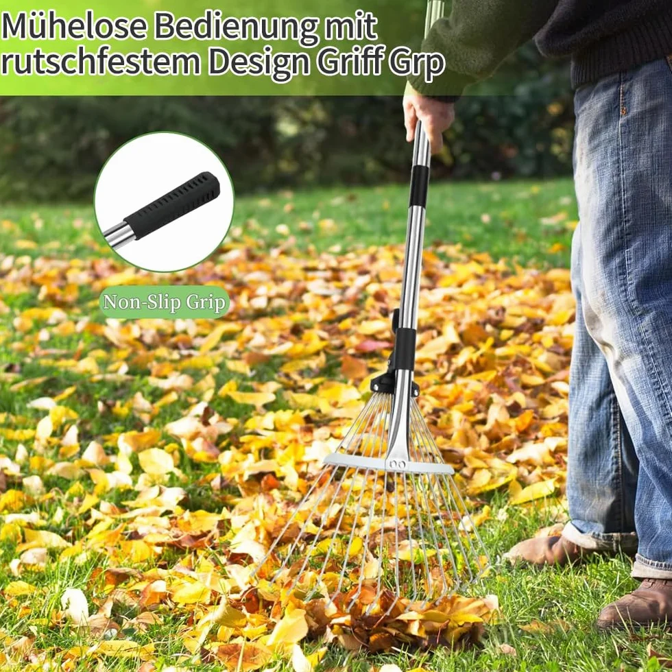 Rastrillo de Hojas Ajustable con Mango de 207 cm y Guantes para Jardín