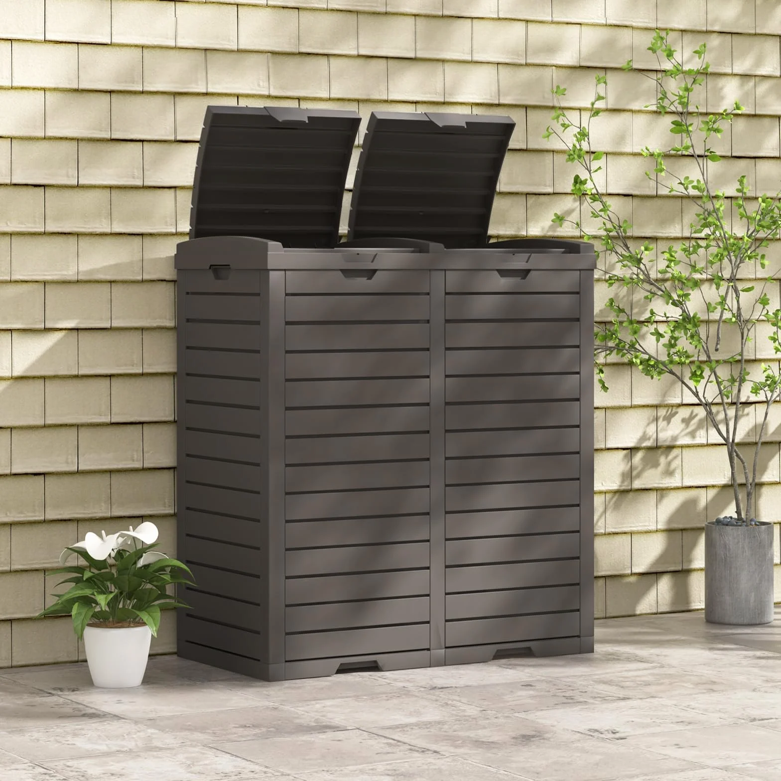 COSTWAY Cubo de Basura Exterior 118L Doble Impermeable con Tapa Escalonada 77x40x86 cm Marrón