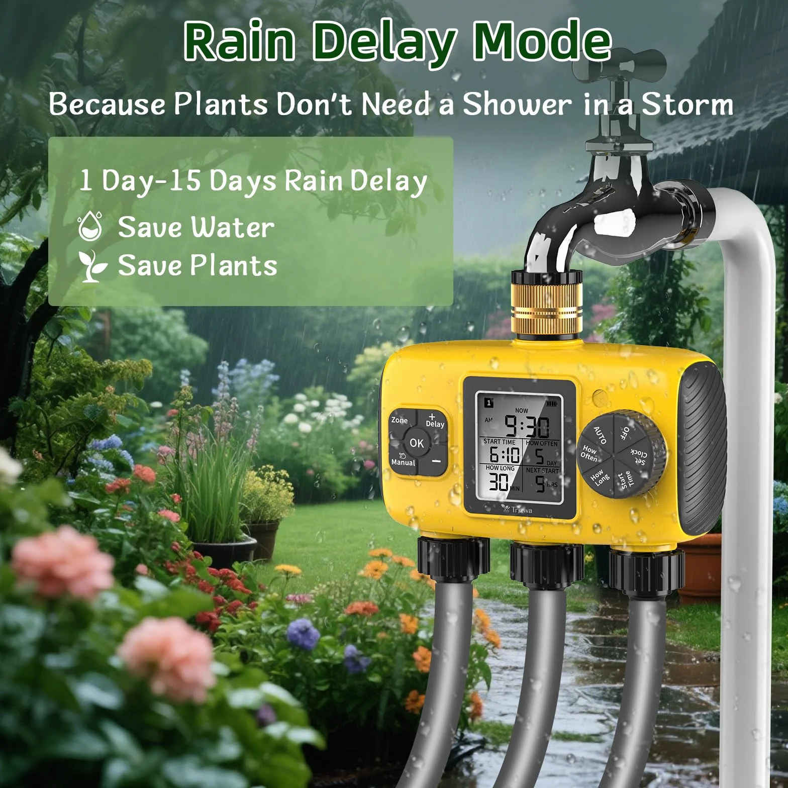 Programador de Riego Automático 3 Salidas IP65 Pantalla LCD Retardo de Lluvia