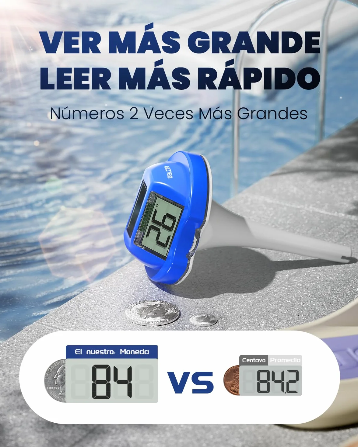 BALDR Termómetro piscina solar flotante IPX7 impermeable doble pantalla antirreflejos