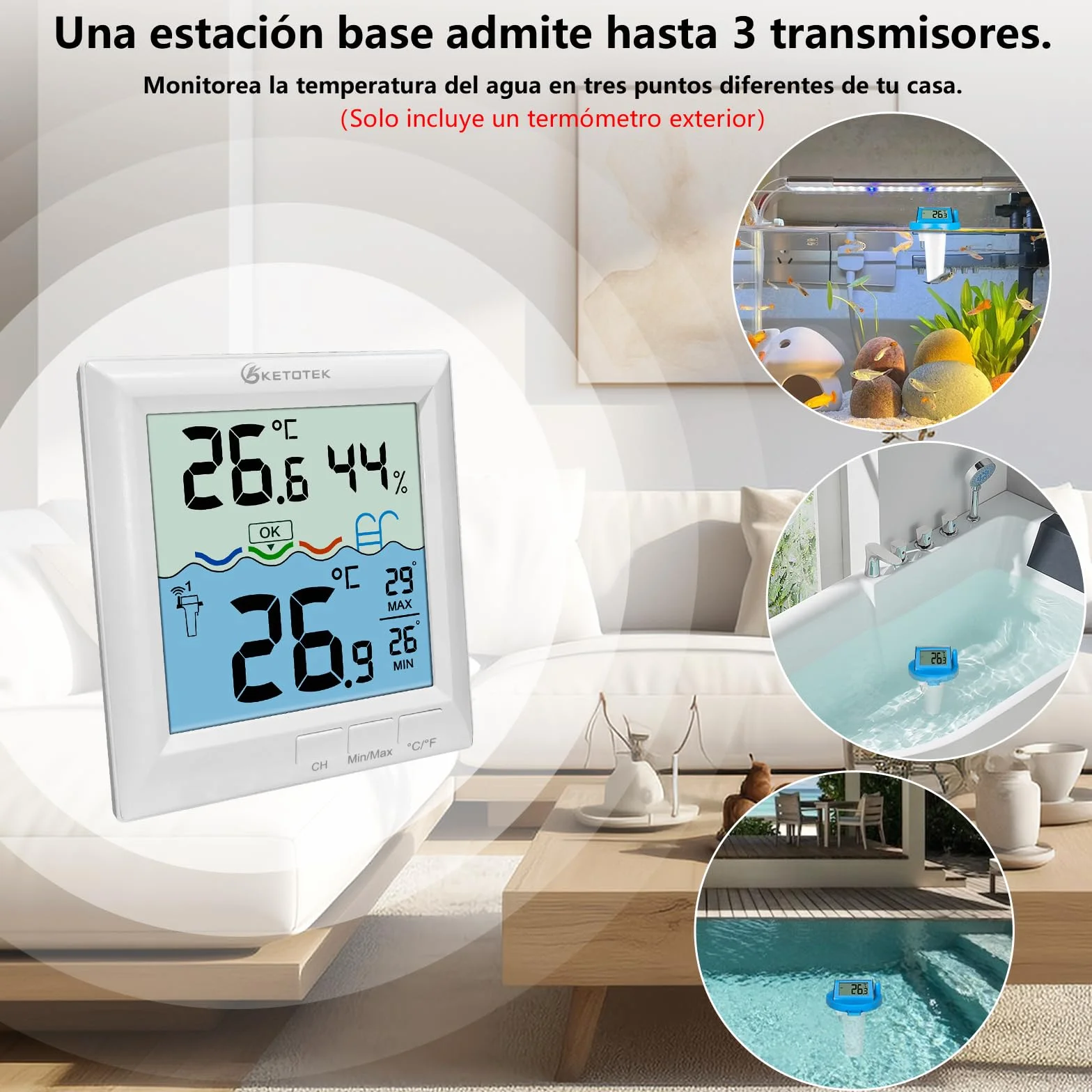 KETOTEK Termómetro inalámbrico para piscina IPX8, medidor digital de temperatura del agua flotante