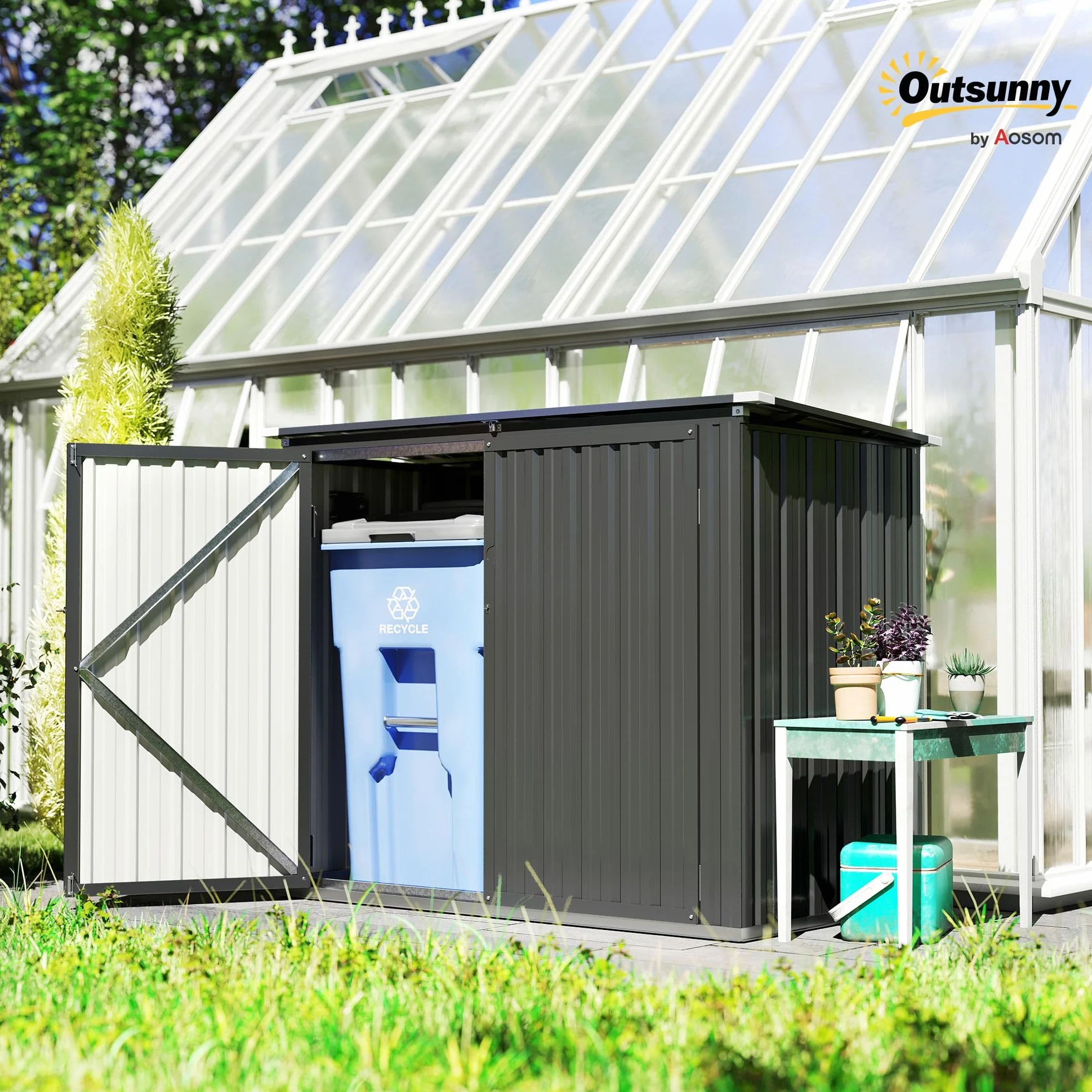 Outsunny Cobertizo para Contenedor de Basura Doble, Caseta para Cubo de 240L, Acero Galvanizado, 150x80x117 cm, Gris Oscuro