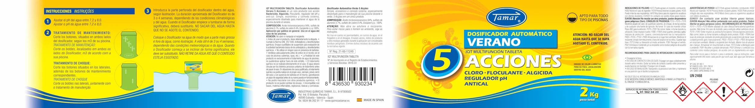 Tamar Dosificador Cloro en Pastillas, Dispensador Automatico Tabletas de Verano, Tratamiento Piscina, disolucion Lenta, biocida Especial multiaccion, 2 Kilos