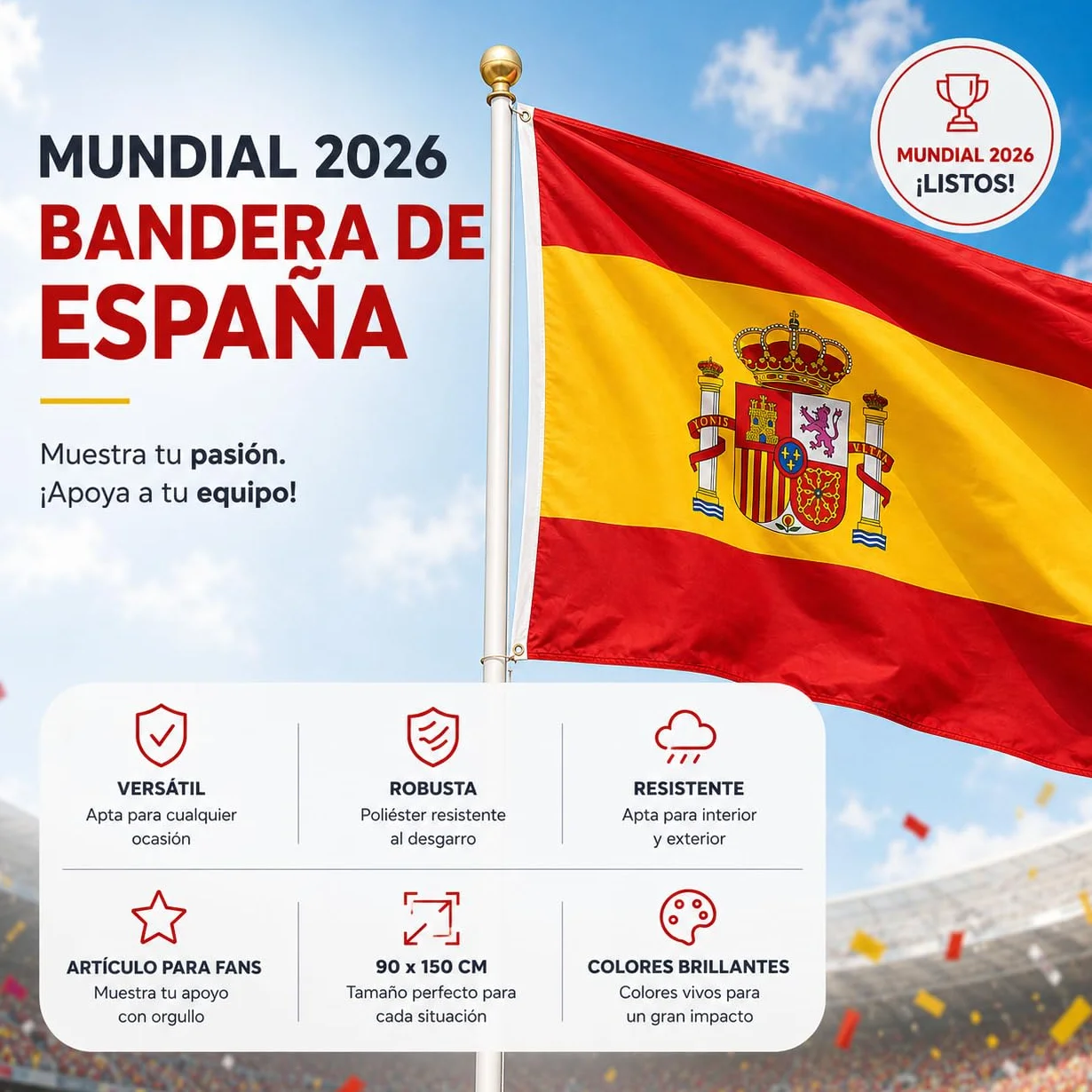 Bandera de España Copa del Mundo 2026 90 x 150 cm poliéster resistente ojales metálicos